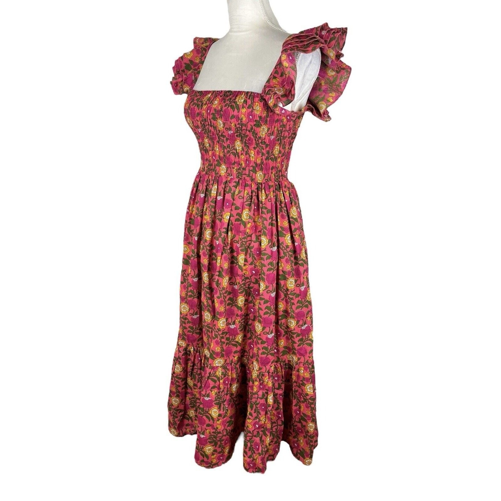 Mille Olympia Floral Smocked Midi Dress Ruffle Strap Cottagecore Coastal Sz XXS