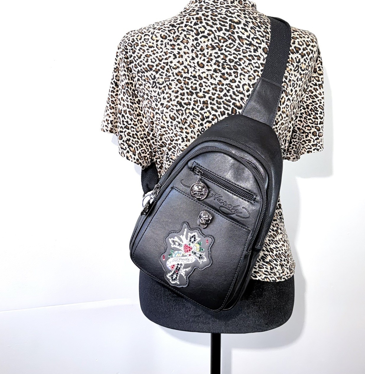 Ed Hardy Black Small Crossbody Sling Bag Adjustable Strap Skull Charm NWT
