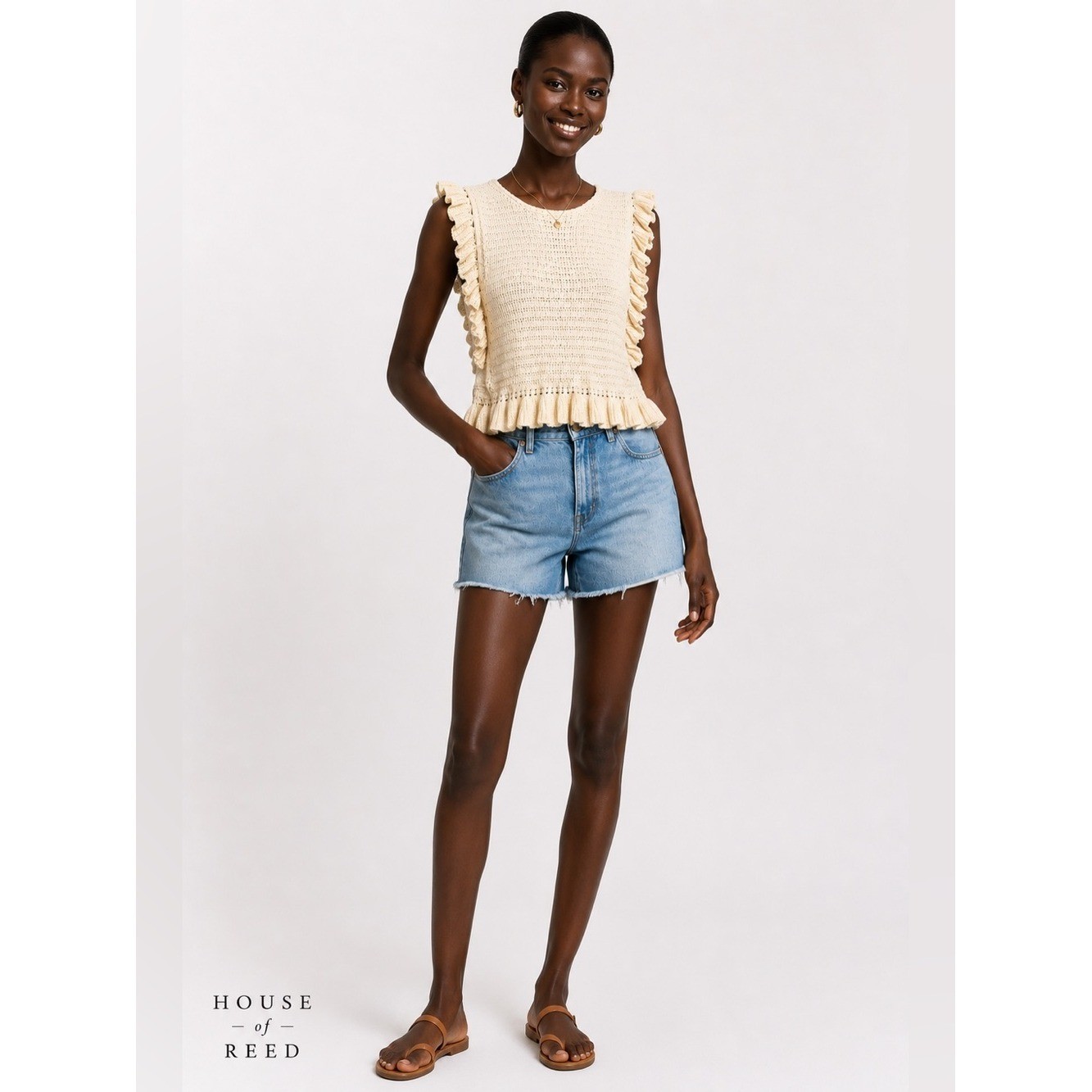 Bandit and the Babe Cream Crochet Ruffle Sleeveless Sweater Top Medium Boho