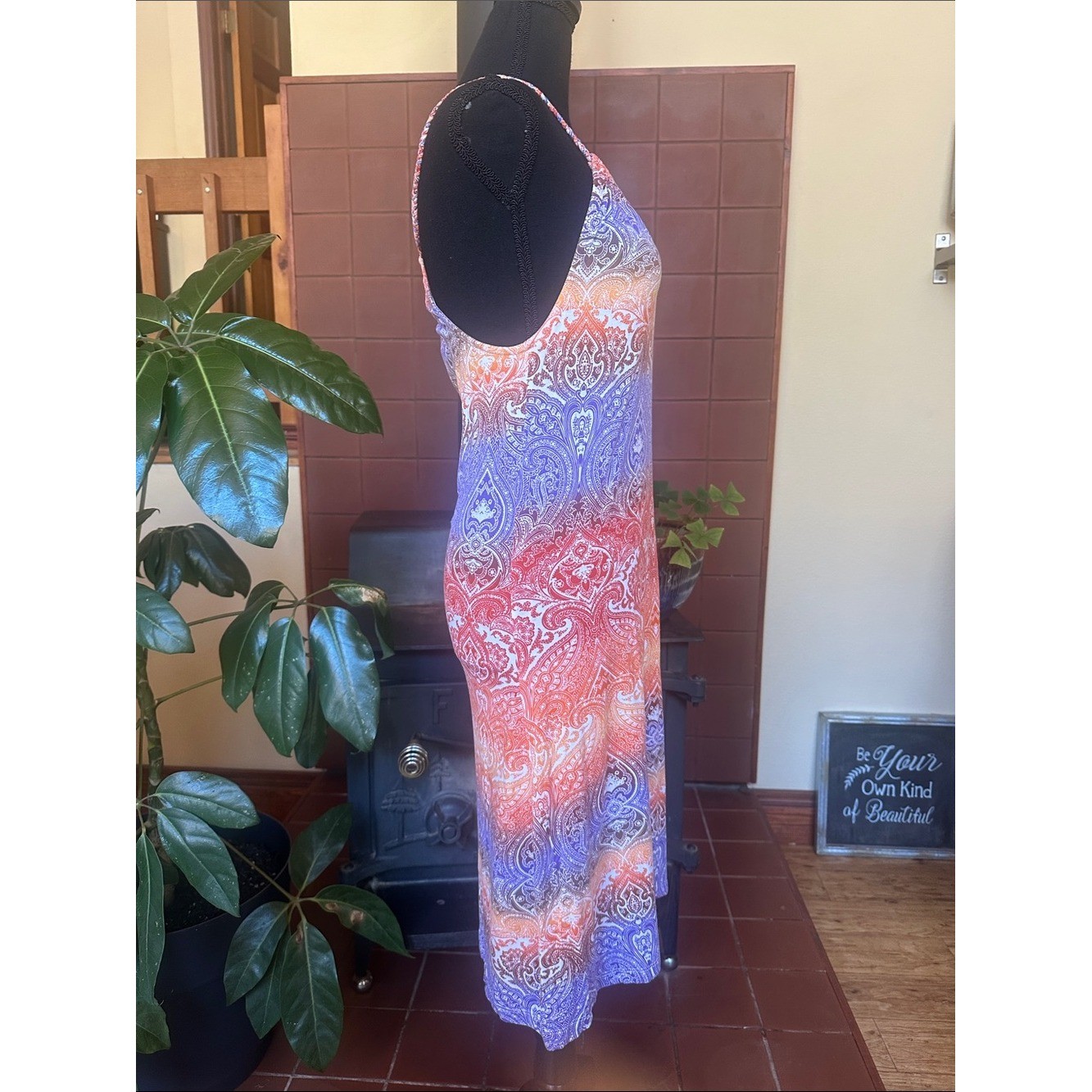#266- Buffalo David Bitton Purple and Orange Patterned Midi Dress