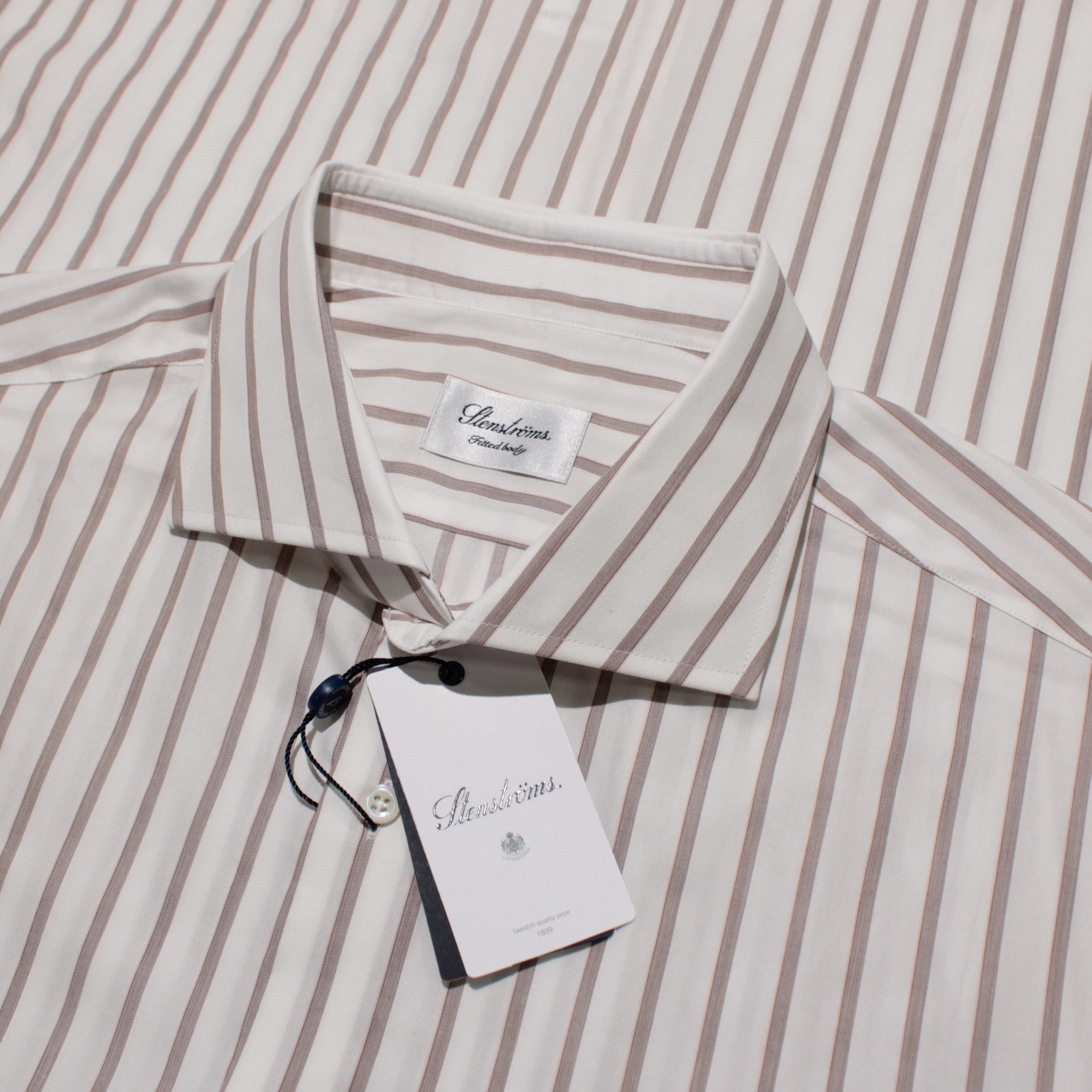 Stenstroms NWT Dress Shirt Size 46 18 in White with Brown Stripes 100% Cotton