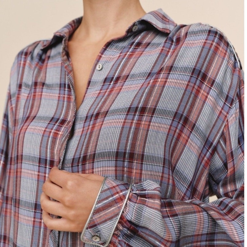Bella Dahl Trimmed Flowy Top Womens Large Multicolor Plaid Shimmer Preppy Shirt