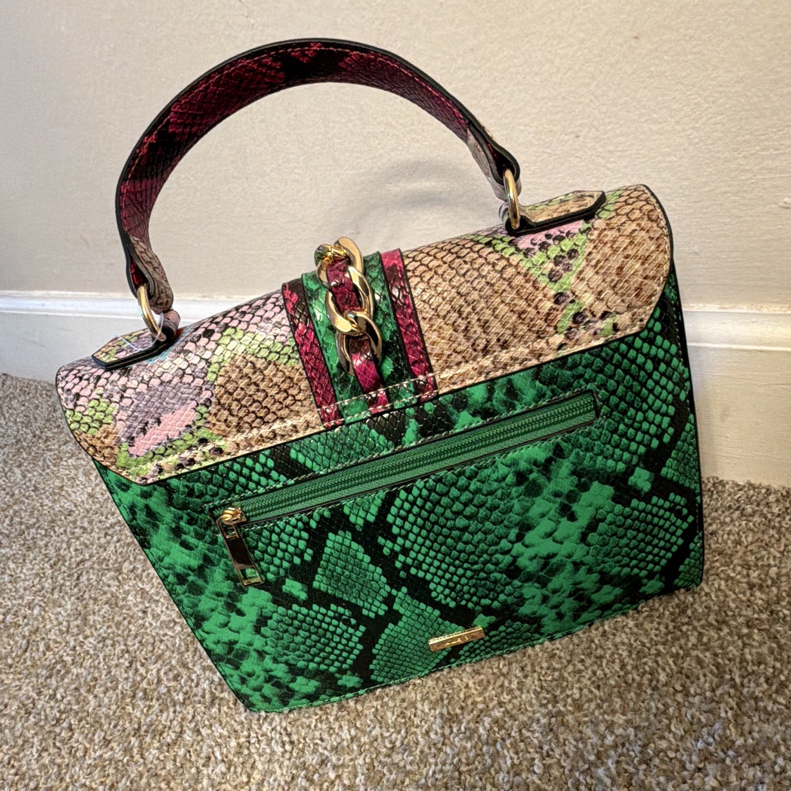 Women’s Multicolor Snake Print Satchel Top Handle, Gold Tone Chain Turn Lock