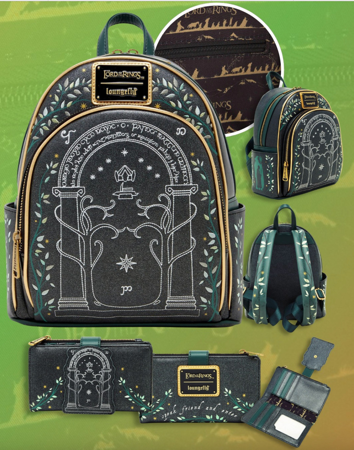 EXCLUSIVE Loungefly Lord Rings LOTR Doors Durin Backpack Sling Wallet GLOW 3PCS