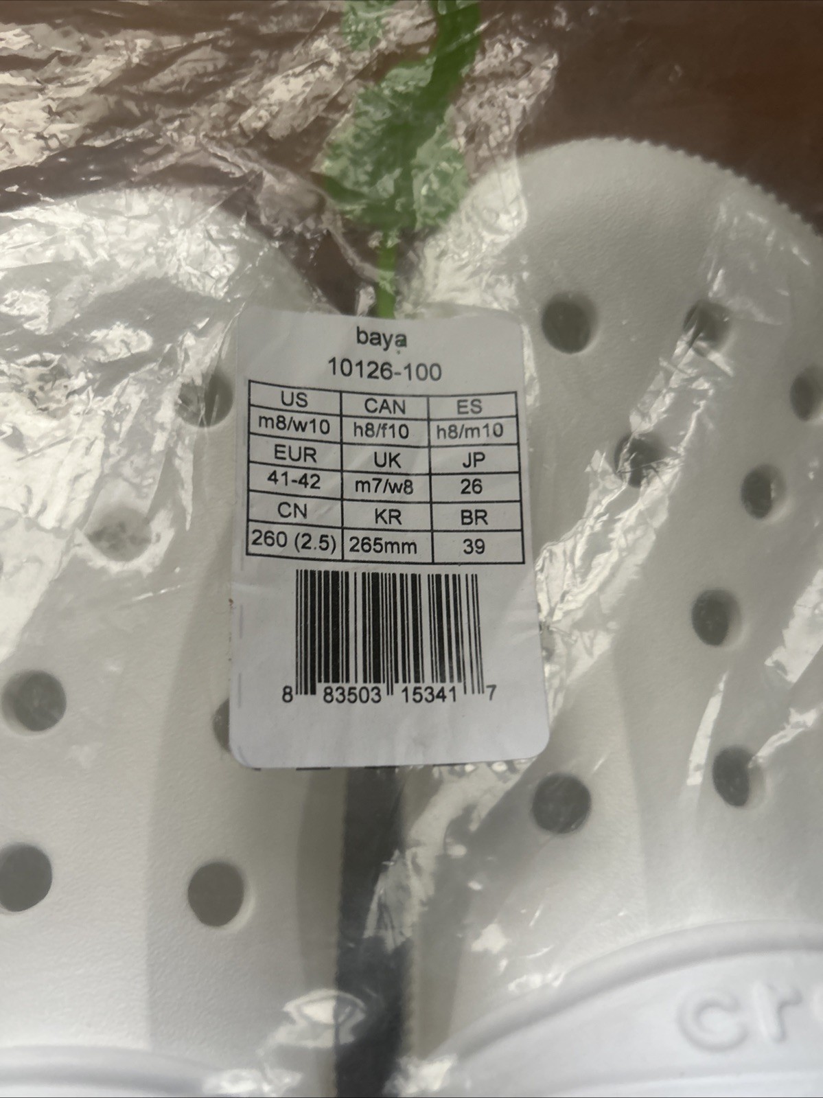 Brand New White Baya Crocs Men’s 8, Women’s 10
