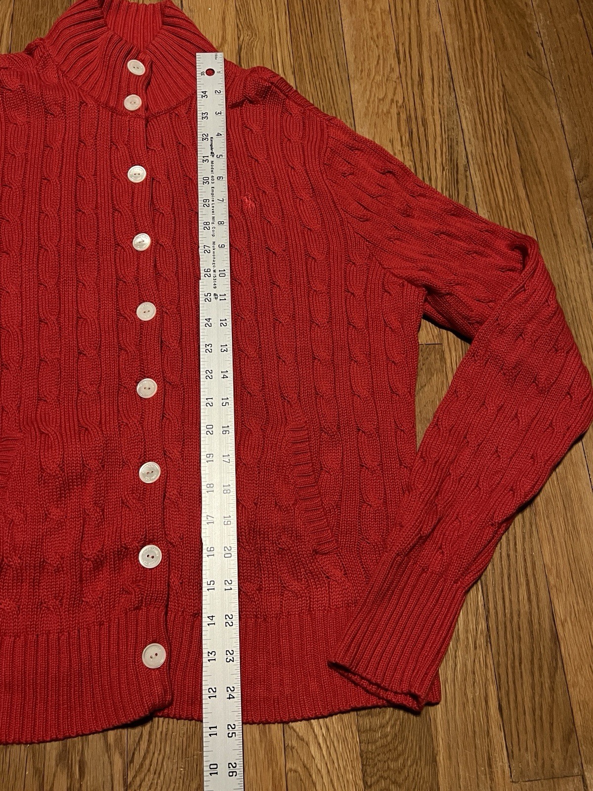Lauren Ralph Lauren Red Cable Knit Mock Neck Cardigan Sweater XL Preppy Cottage