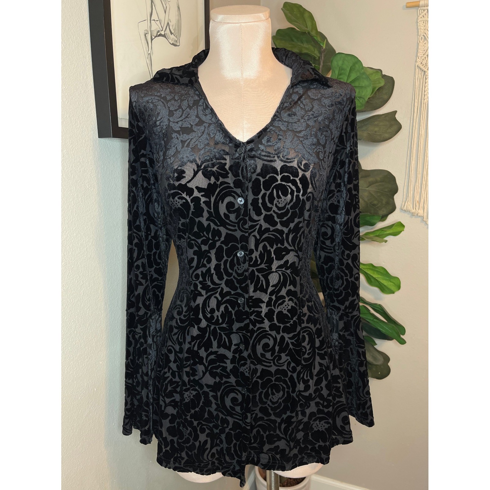 Burnout Velvet Floral Top Black Sheer Bell Sleeve Button Down Blouse