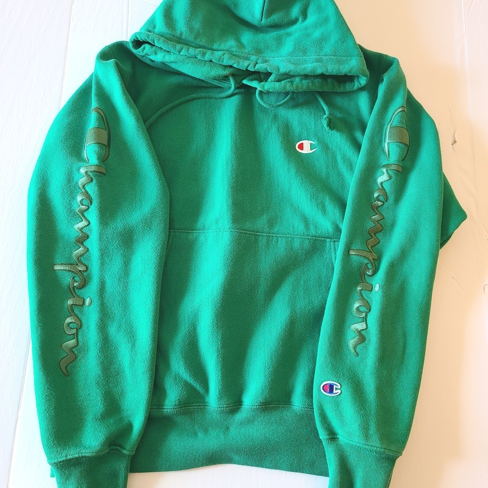 Champion Reverse Weave Hoodie Sweatshirt Green Script Logo Menswear