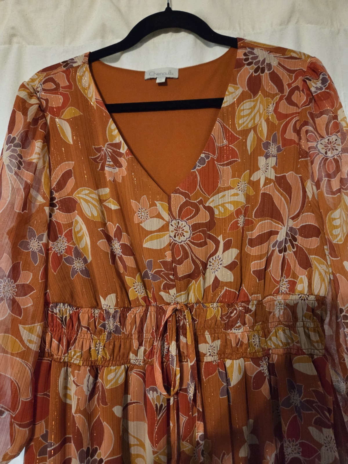 Chenault Fit & Flare Floral V-Neck 3/4 Sleeve Knee Dress Orange XL