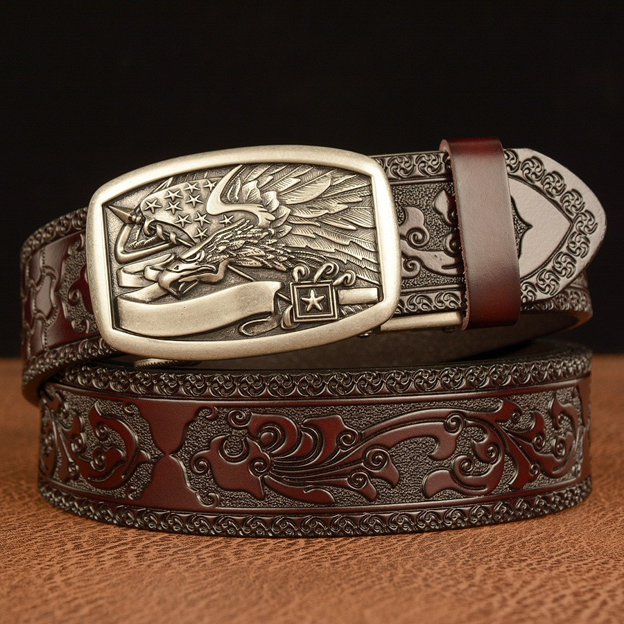 Mens Genuine Leather Ratchet Belts Adjustable Automatic Buckle Jeans Waistband