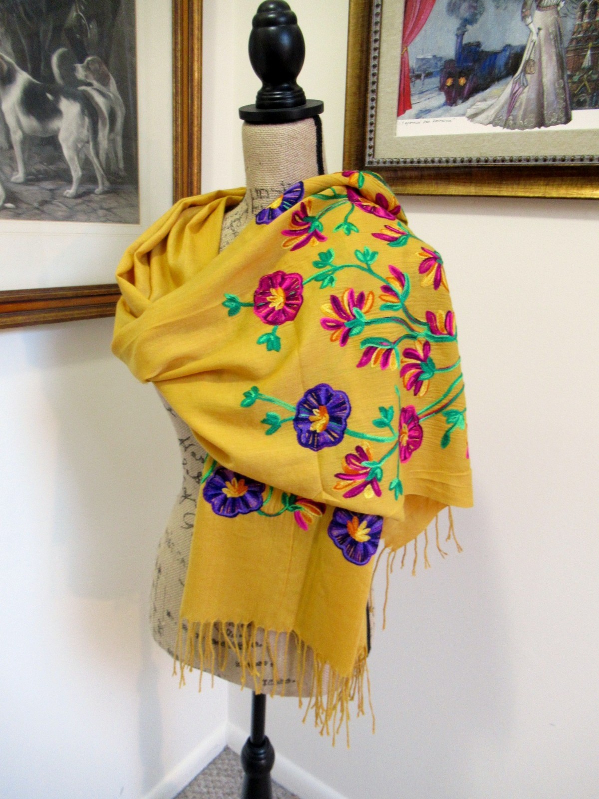 MEXICAN EMBROIDERED SOFT FRINGED SHAWL REBOZO WRAP 76 X 28 – MADE in MEXICO