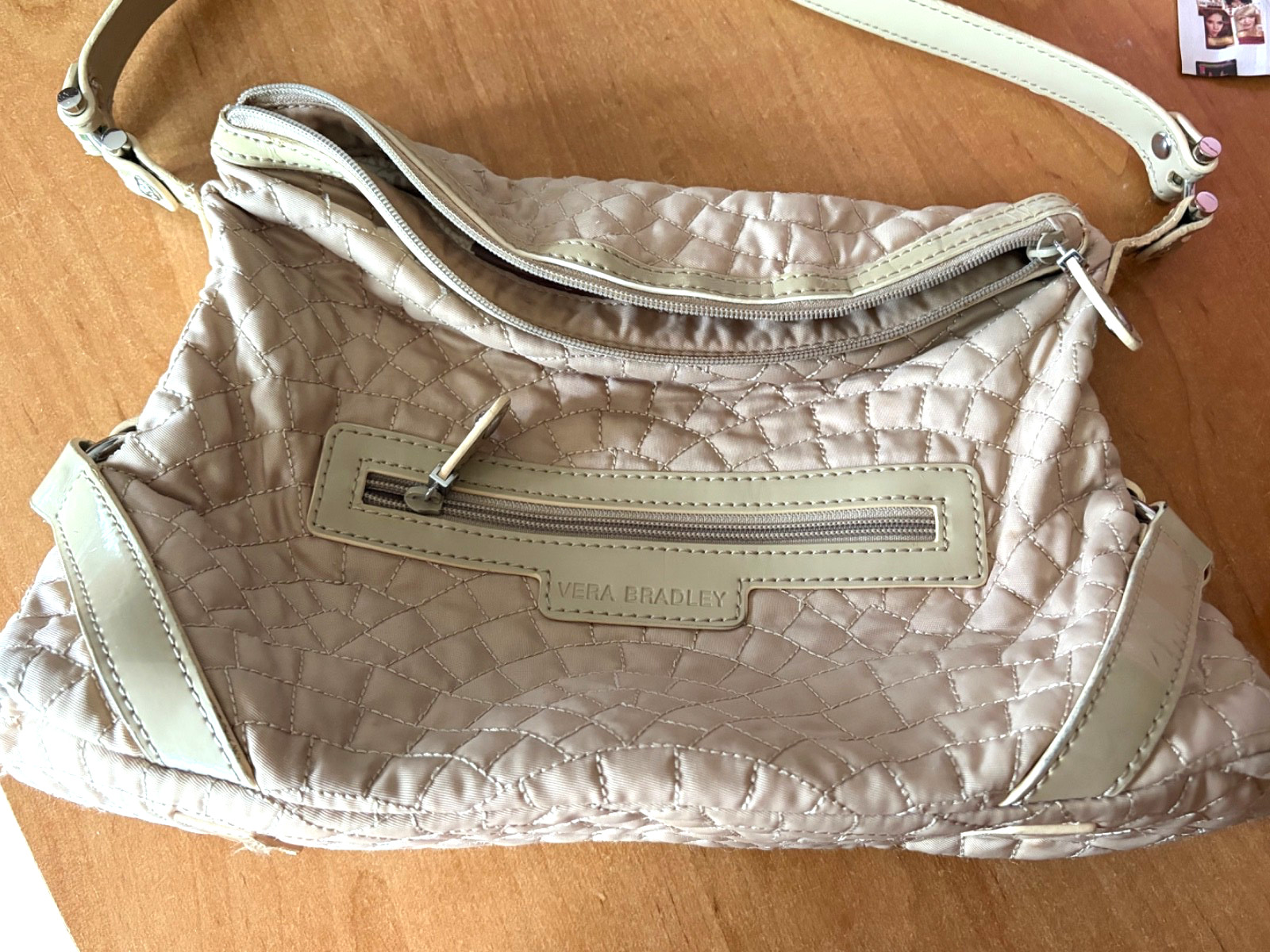VERA BRADLEY EMMA BEIGE QUILTED NYLON TOP ZIP SHOULDER SATCHEL HANDBAG