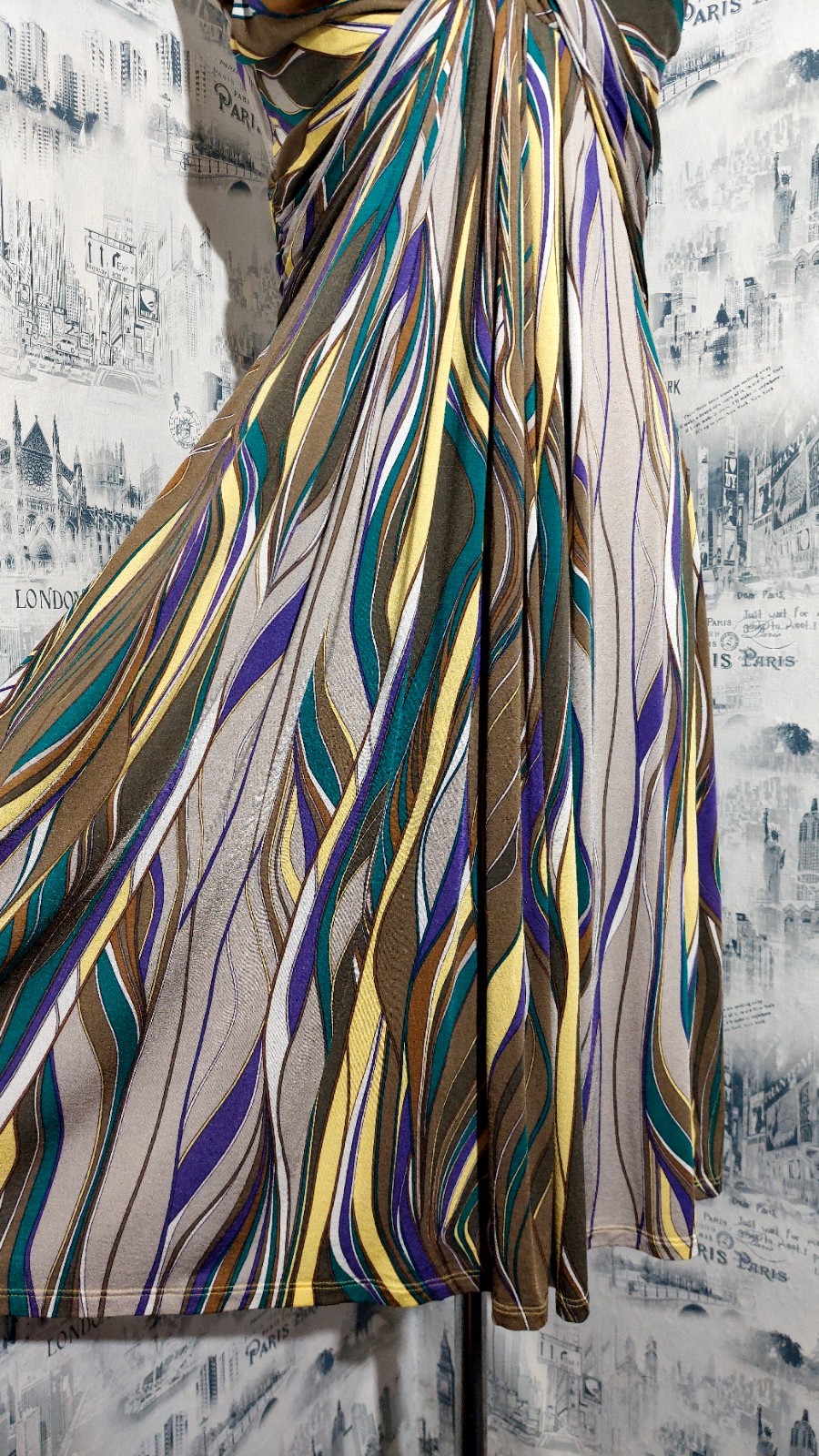 ​Max Mara Studio Vacillo Knotted Dress XL Abstract Swirl V-Neck Sleeveless Knee