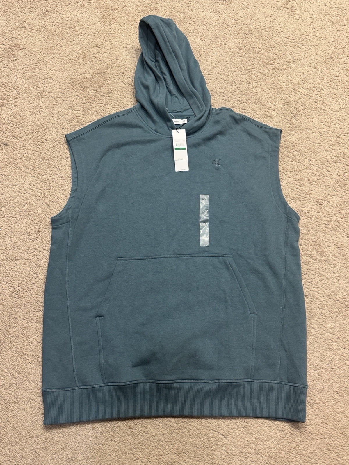 Calvin Klein Men’s Sleeveless Pullover Hoodie Blue Knit Cotton Logo Pockets L