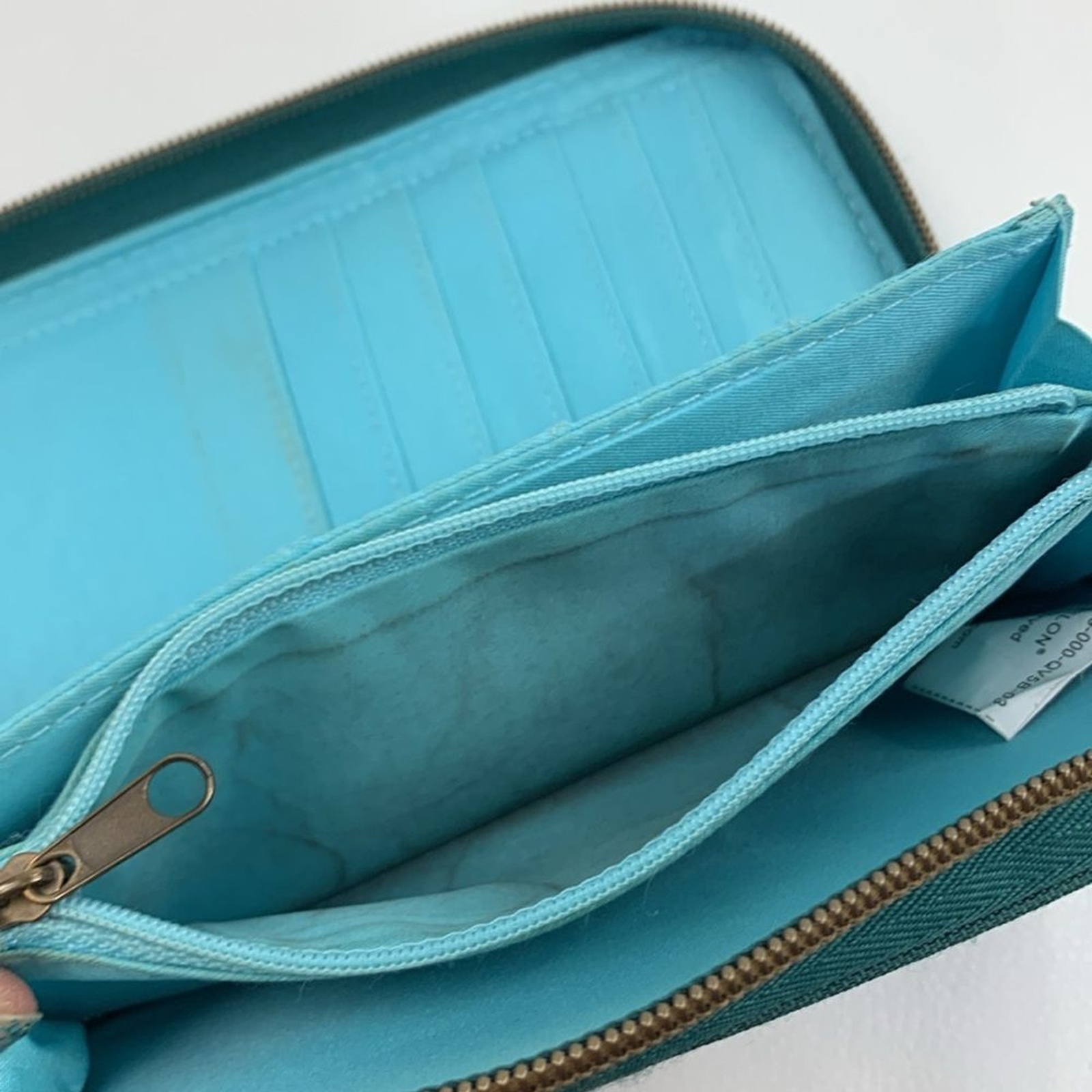 Travelon Dark Teal Green Clutch Wristlet wallet & brass Accents Zip around strap