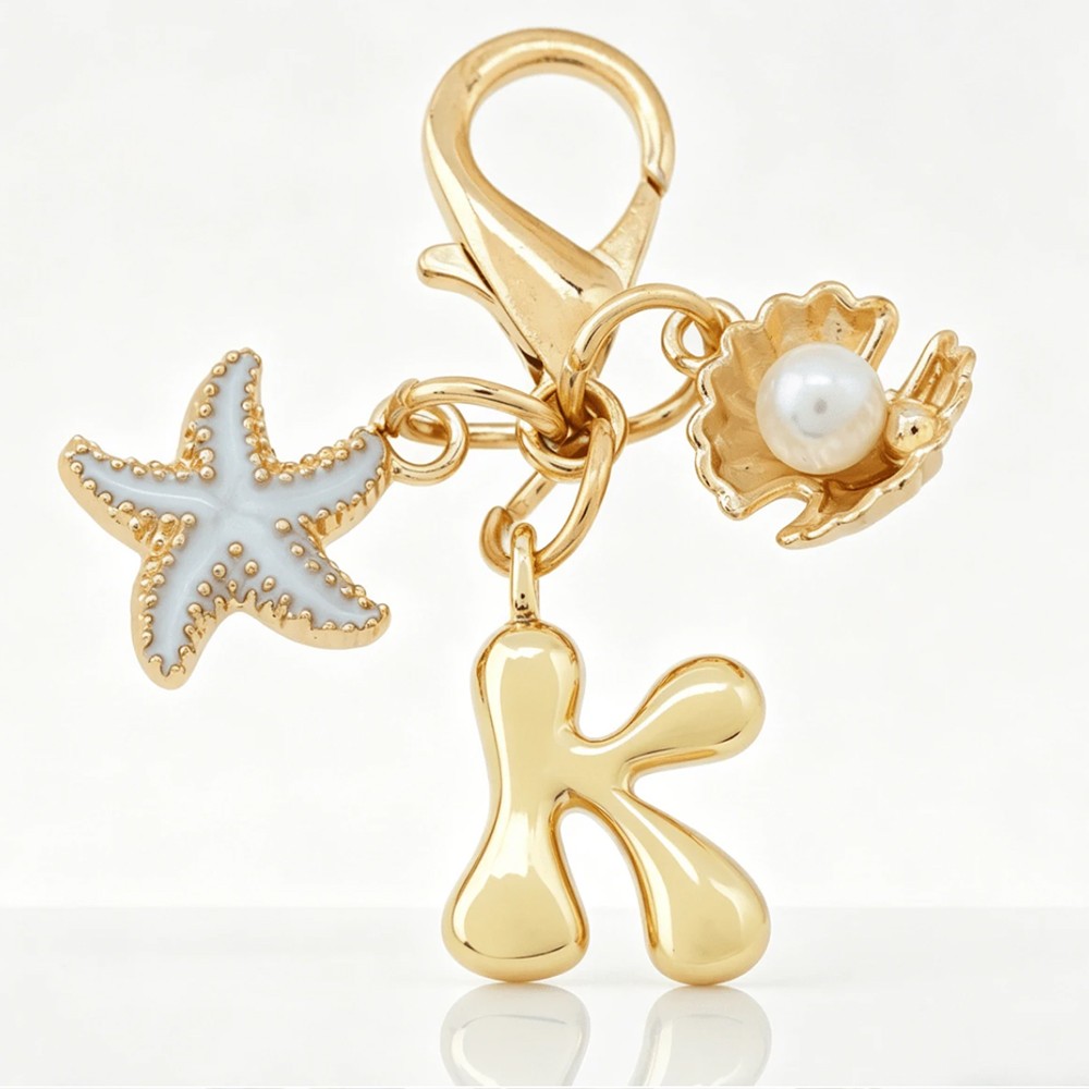 1PCS Gold A-Z Bubble Alphabet Keychain Starfish Shell Bag Charm Gift for Women