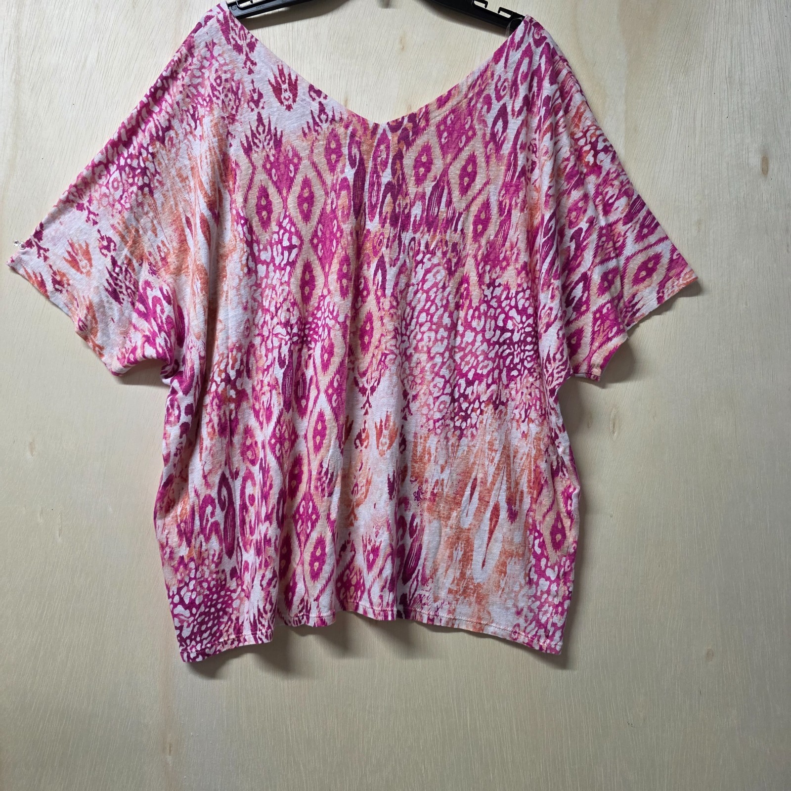 Chicos 4 XXL 100% Linen Ikat Print Dolman Top Pink Peach V Neck Boho