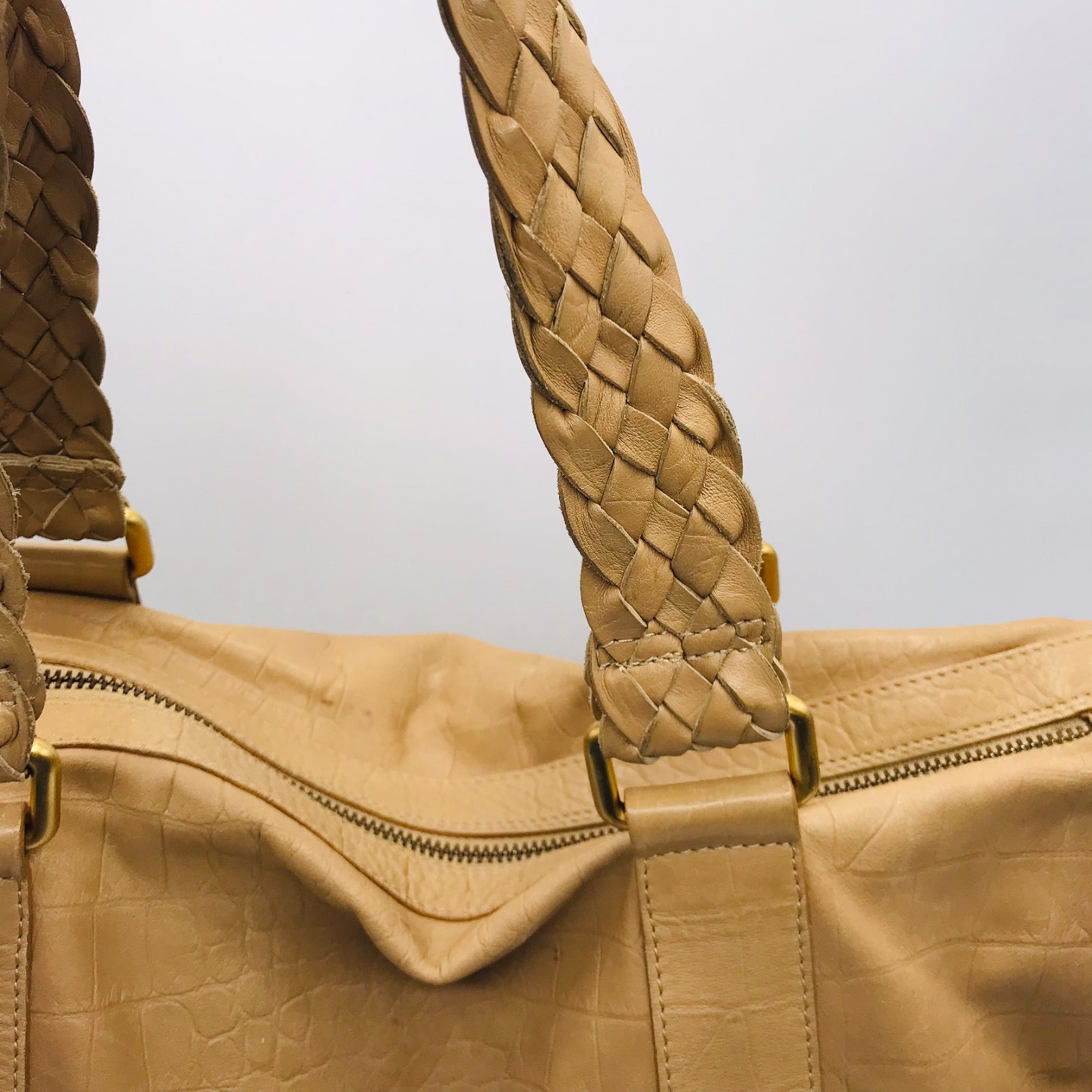 Falor Tan Leather Tote Bag Made In Italy with Woven Handles Embossed Snakeskin