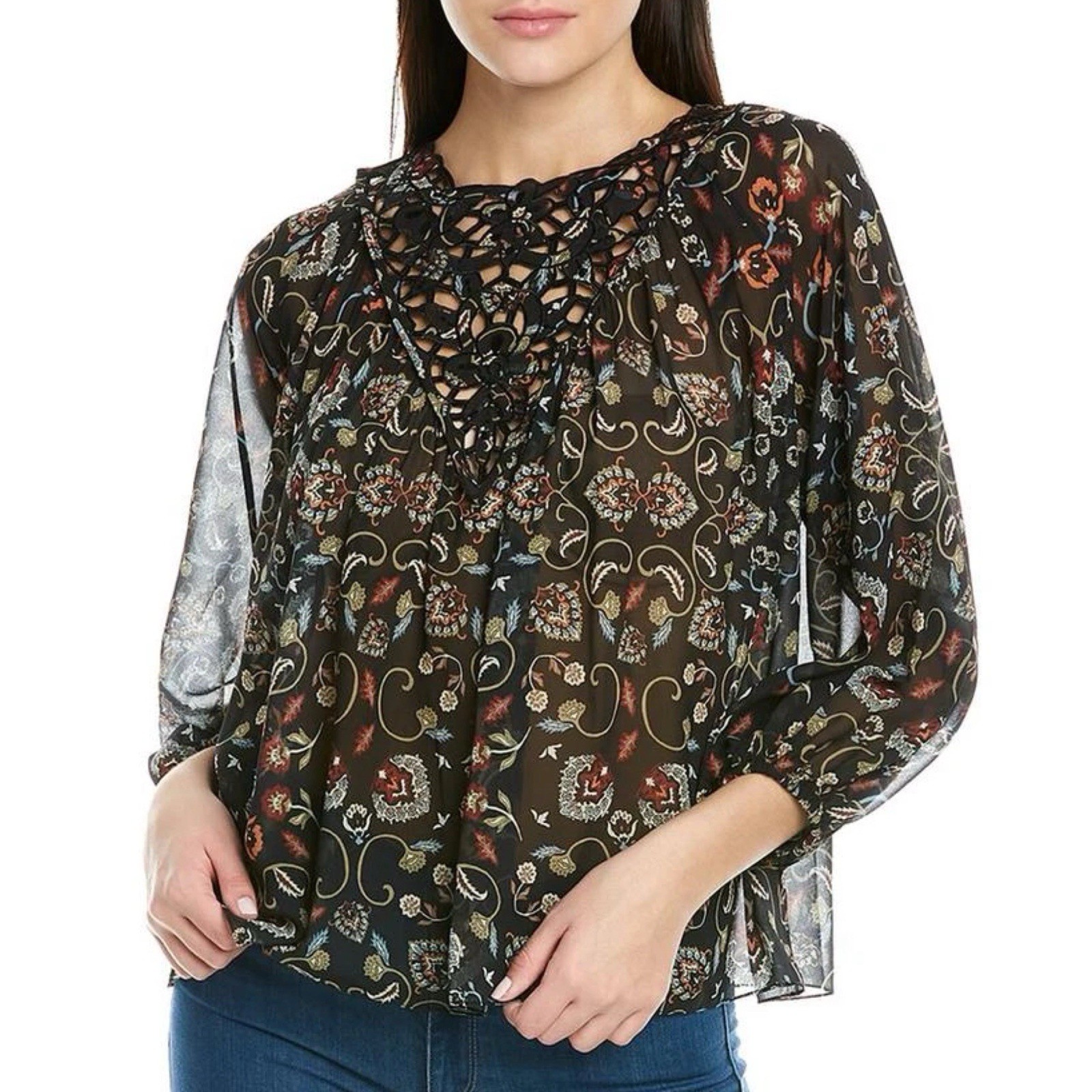 Sachin + Babi Large Paisley Lace Embroidered Chiffon 3/4 Sleeve Blouse Top