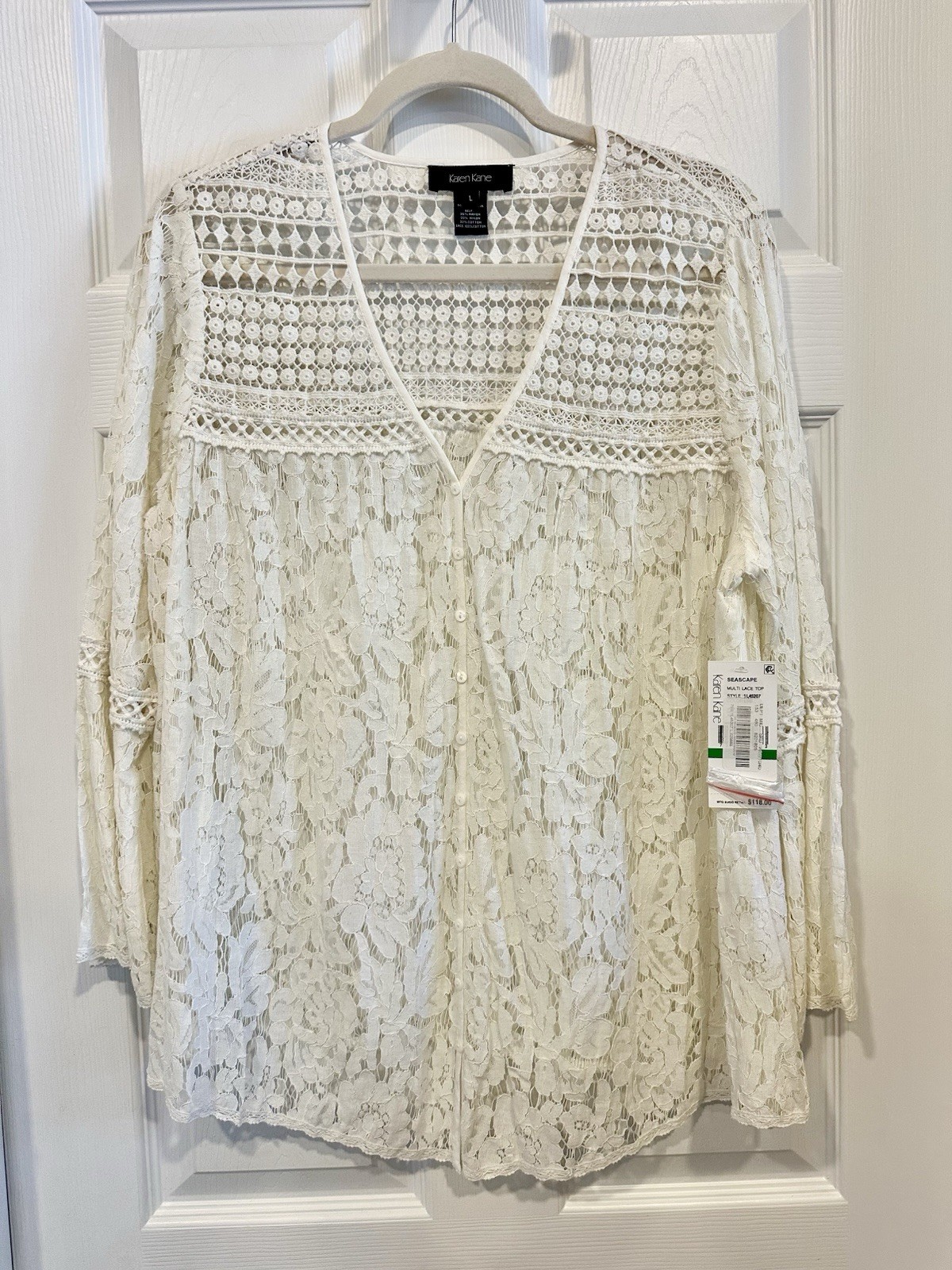 KAREN KANE Seascape Multi-lace Sheer Top Ivory Color Vneck Buttons Sz L $118 NWT