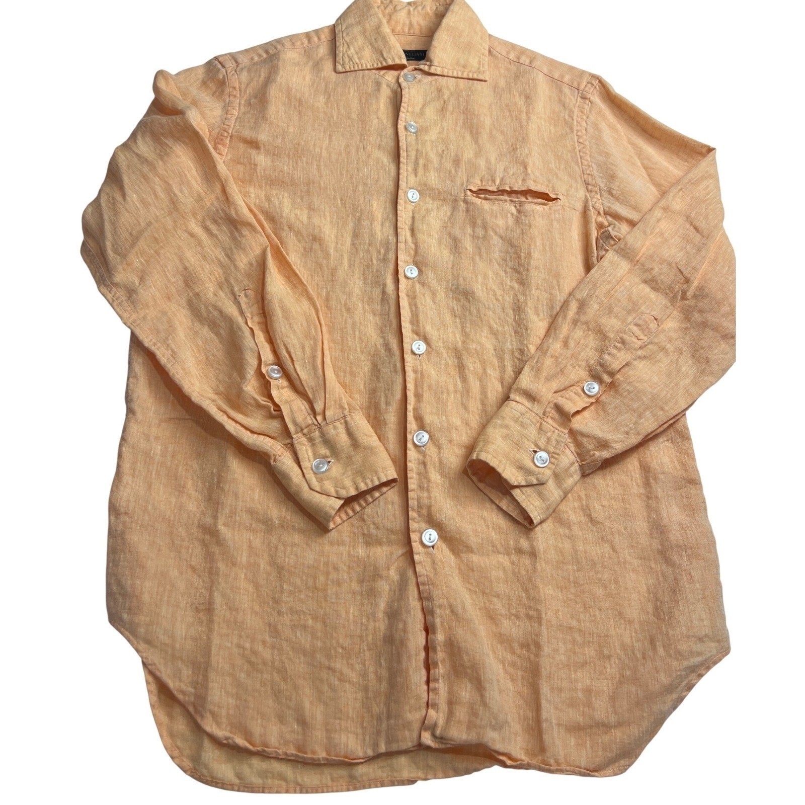 Corneliani Button Down Mens 15.5/39 Peach Orange Linen Made in Italy Luxury B27