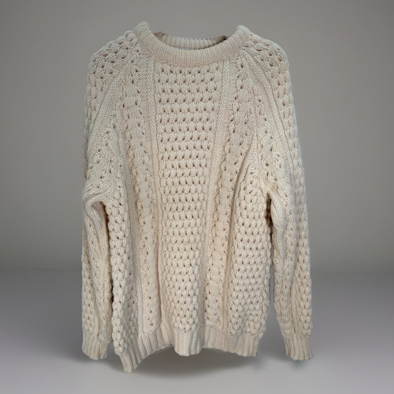 VTG Malinmore Sweater Fisherman Knit 100% Wool Ivory Crew Made in IRELAND Sz 44
