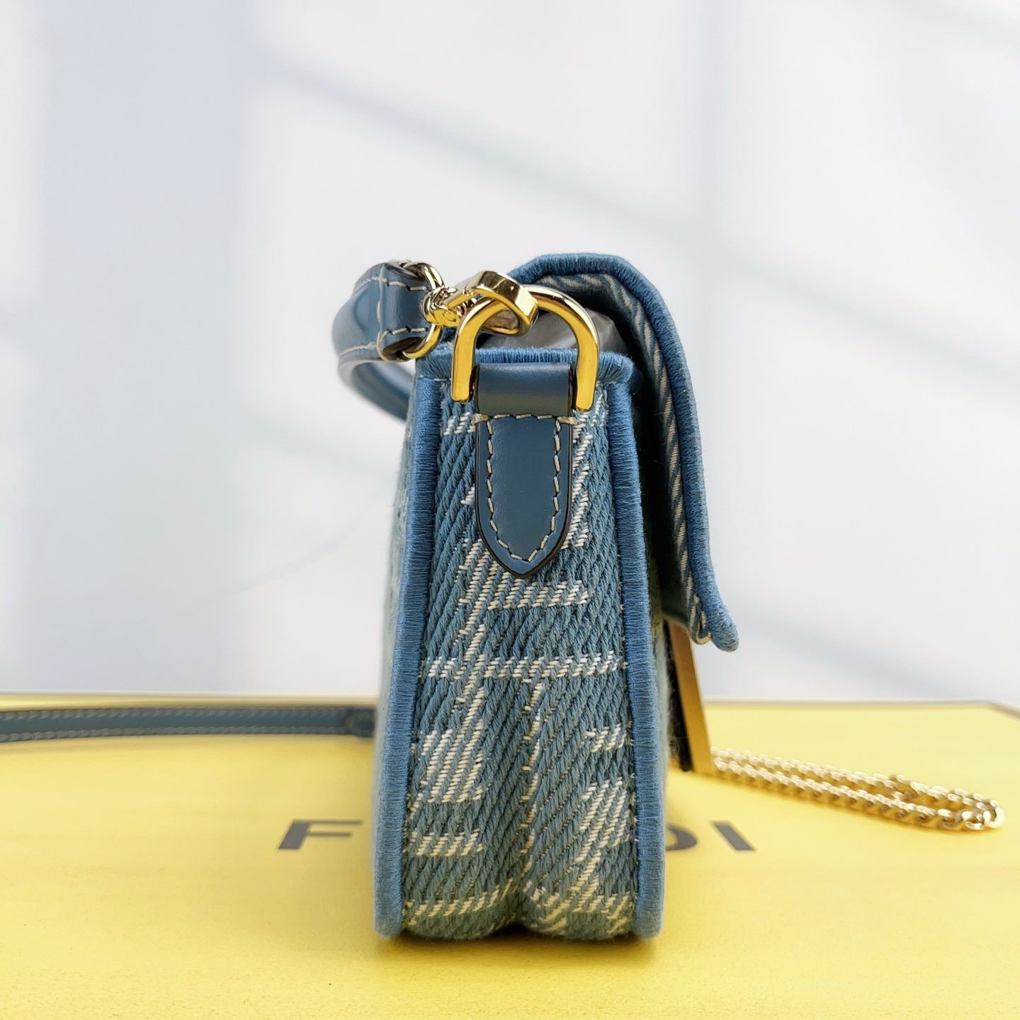 Fendi Baguette Mini Limited Edition Blue Chenille GHW Chain Shoulder Bag Rare
