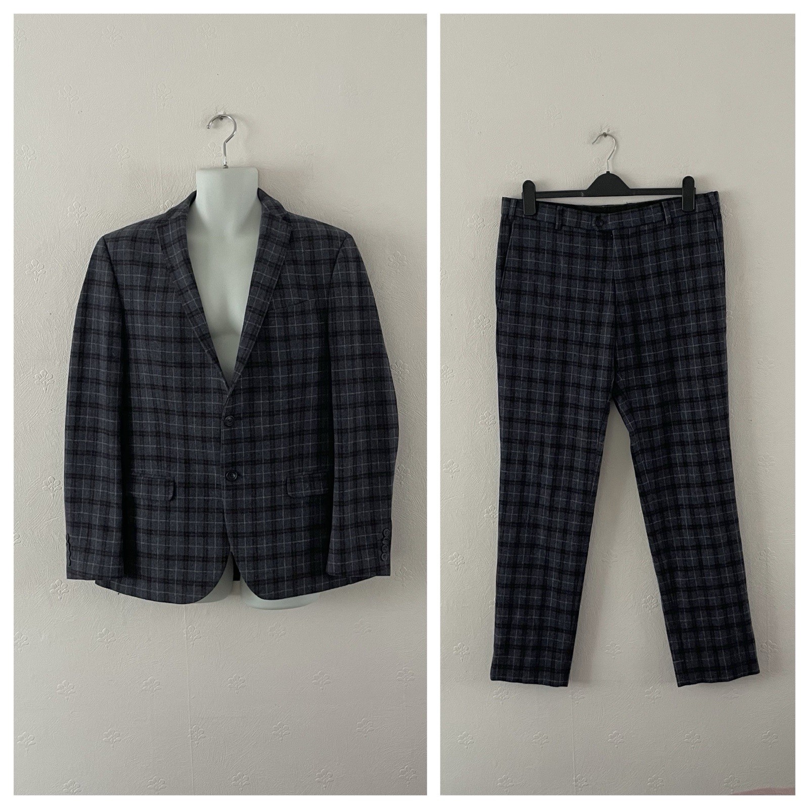 LIMEHAUS WOOL BLEND SUIT – SIZE 42R W36 – GREY CHECK – PLAID