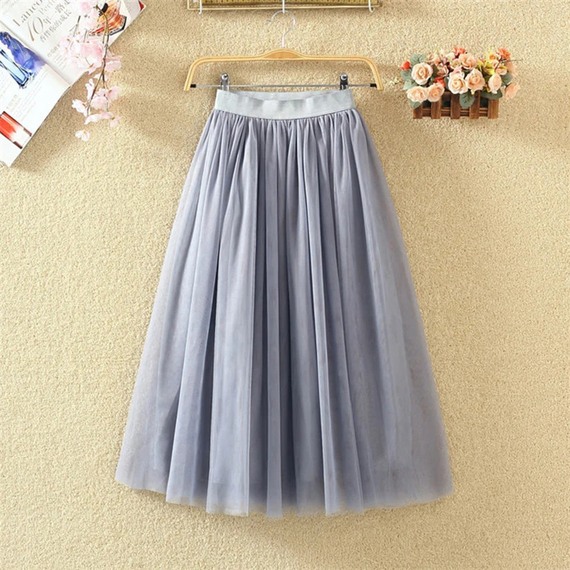 Summer Women Tulle Skirtstreetwear Elastic High Waist Mesh Pleated Skirts Summer