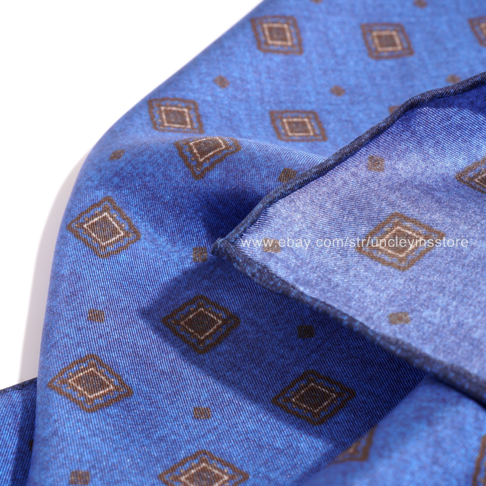 Men’s 21″ Silk Twill Pocket Square Hand Rolled Vintage Geometric Blue Brown