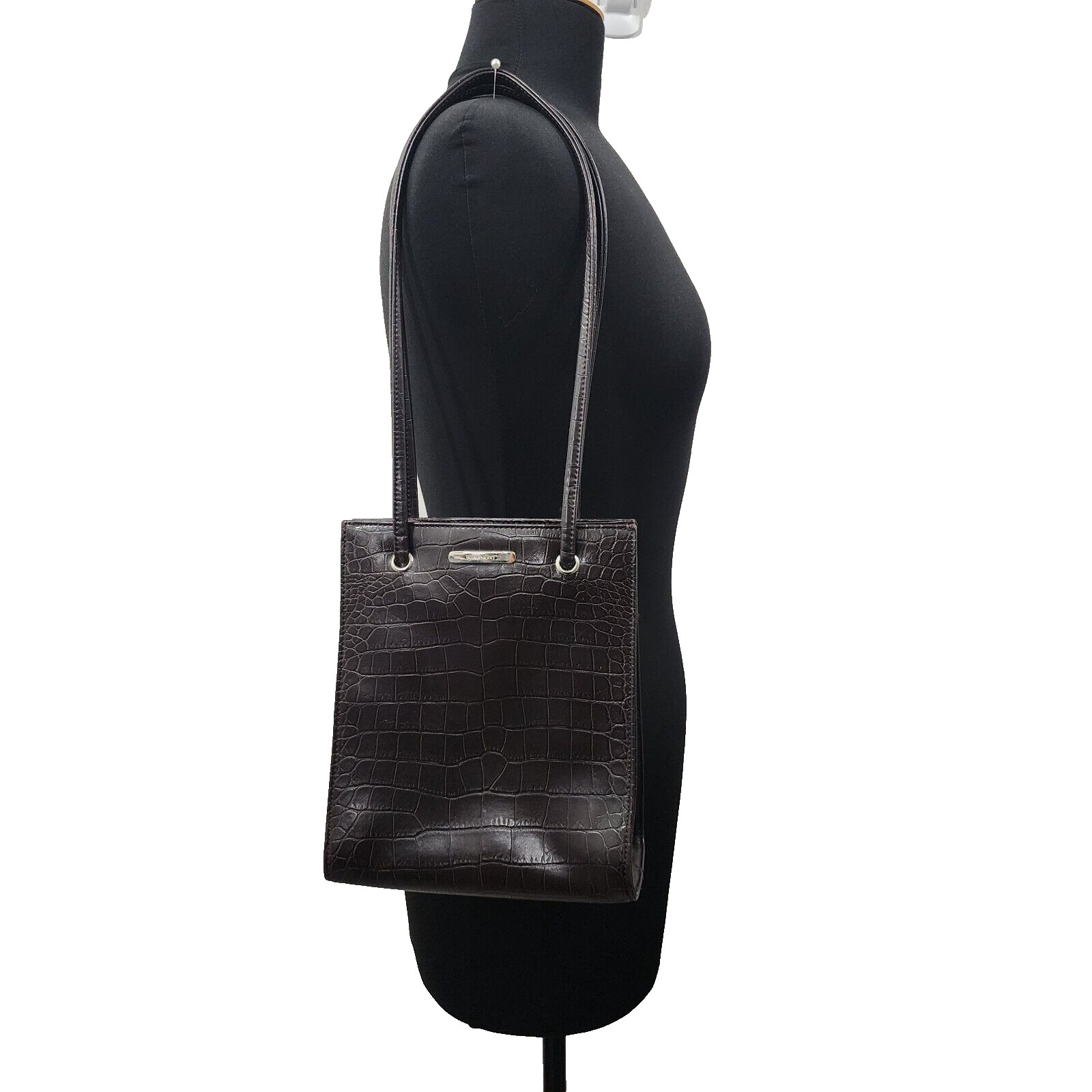 Vintage 90s Nine West Croc Embossed Shoulder Bag Brown Faux Leather Nylon Lining