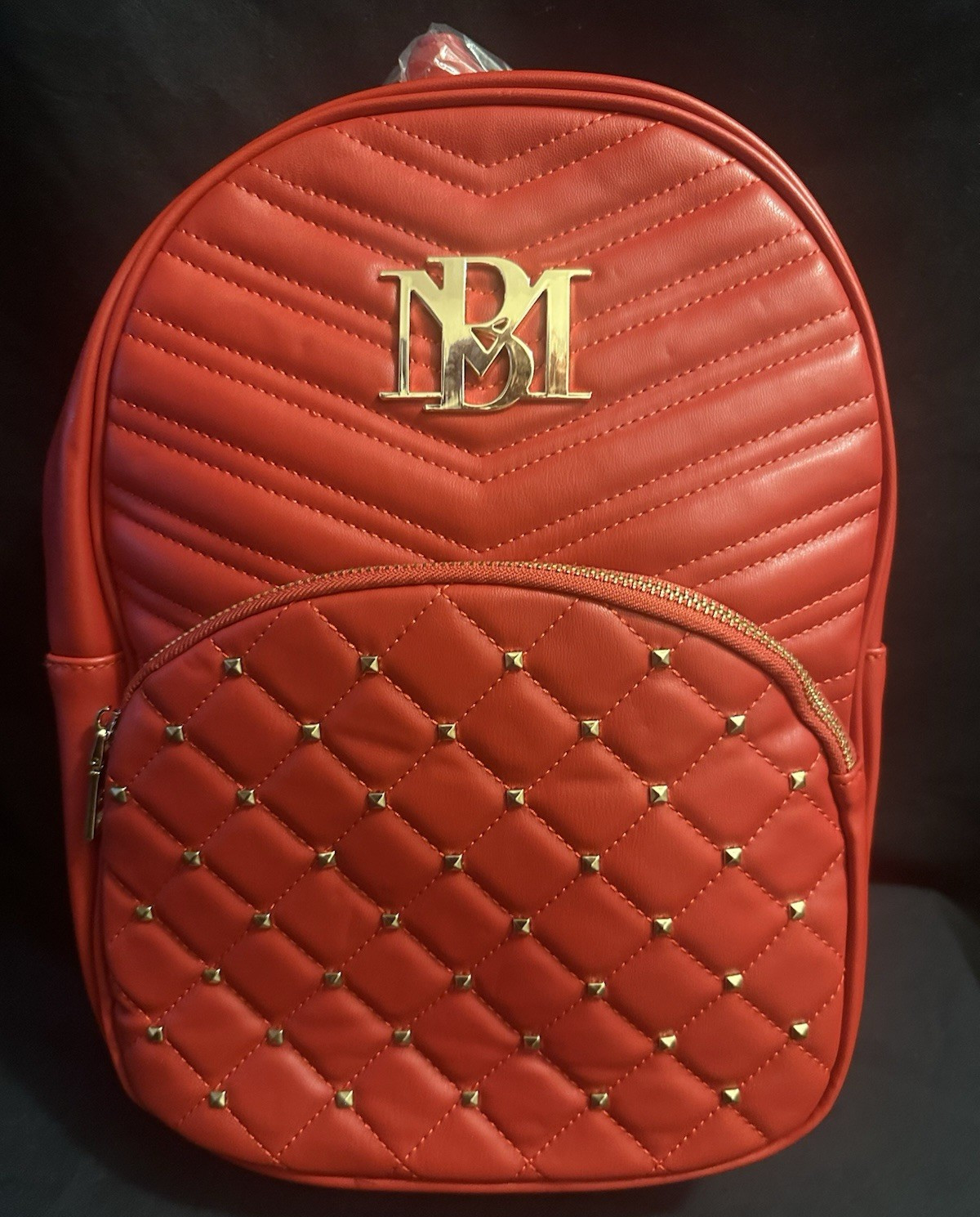 Badgley Mischka Red Quilted Studded Zip Backpack w/ Inner Pockets, Gold