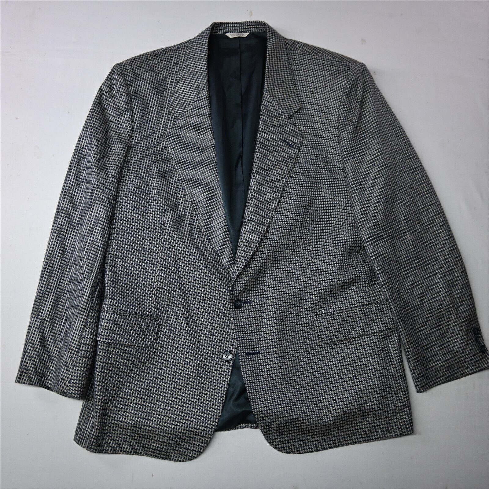 Vtg 46L USA Made Blue Houndstooth Wool Tweed Mens Blazer Sport Coat Jacket