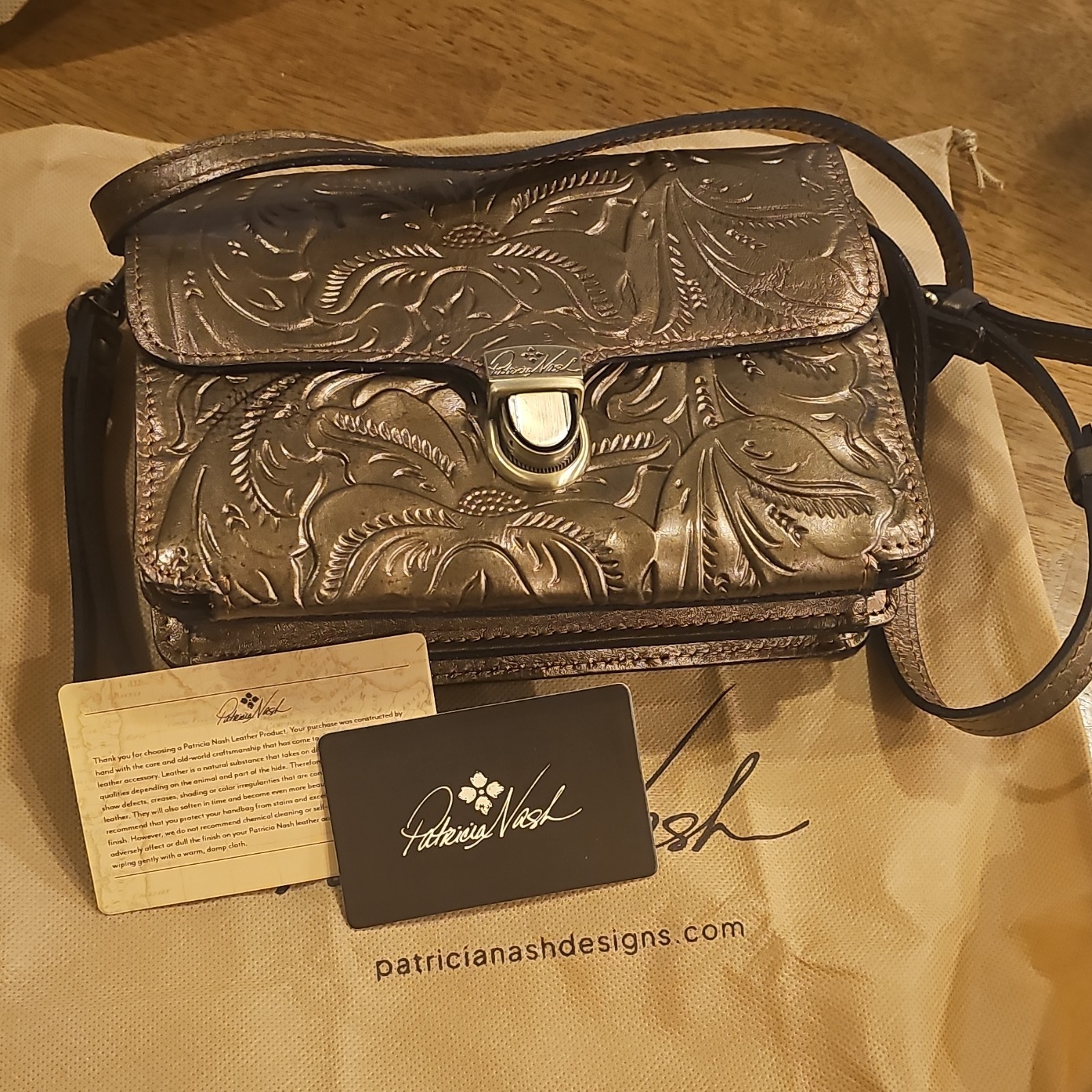 Patricia Nash Gold Floral Embossed Crossbody Bag Zip/Push Lock, Dust Bag