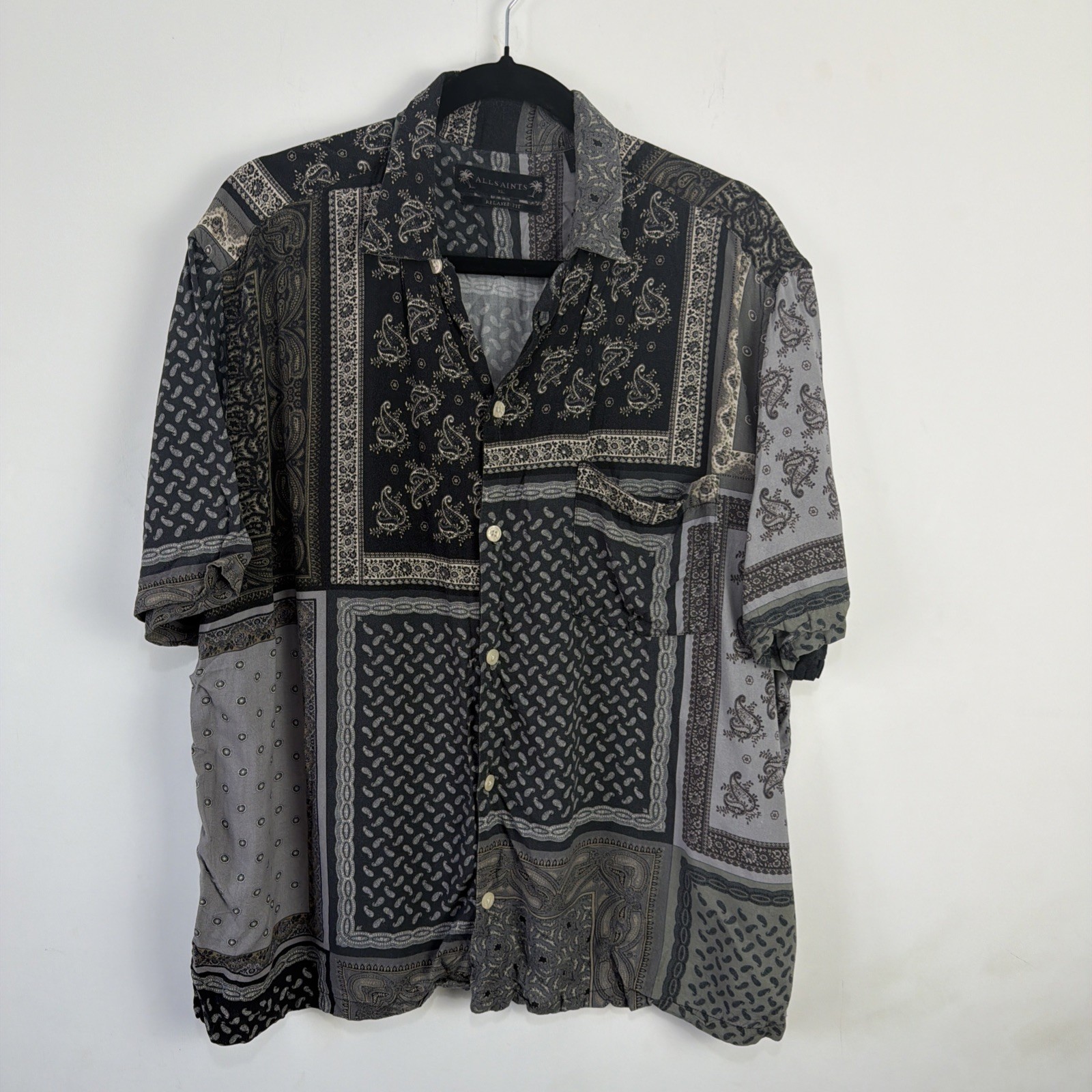 Allsaints “Yacutan” Short Sleeve Shirt Hawaiian Paisley Aztec Black Grey XL
