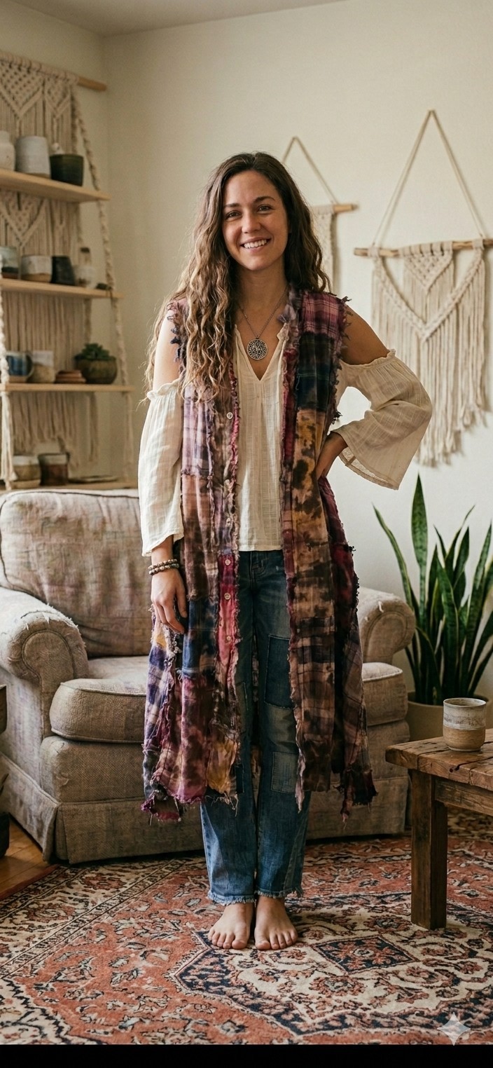 RARE! A RARE BIRD Handmade Clothing Flannel PATCHWORK Duster Dress TIE DYE