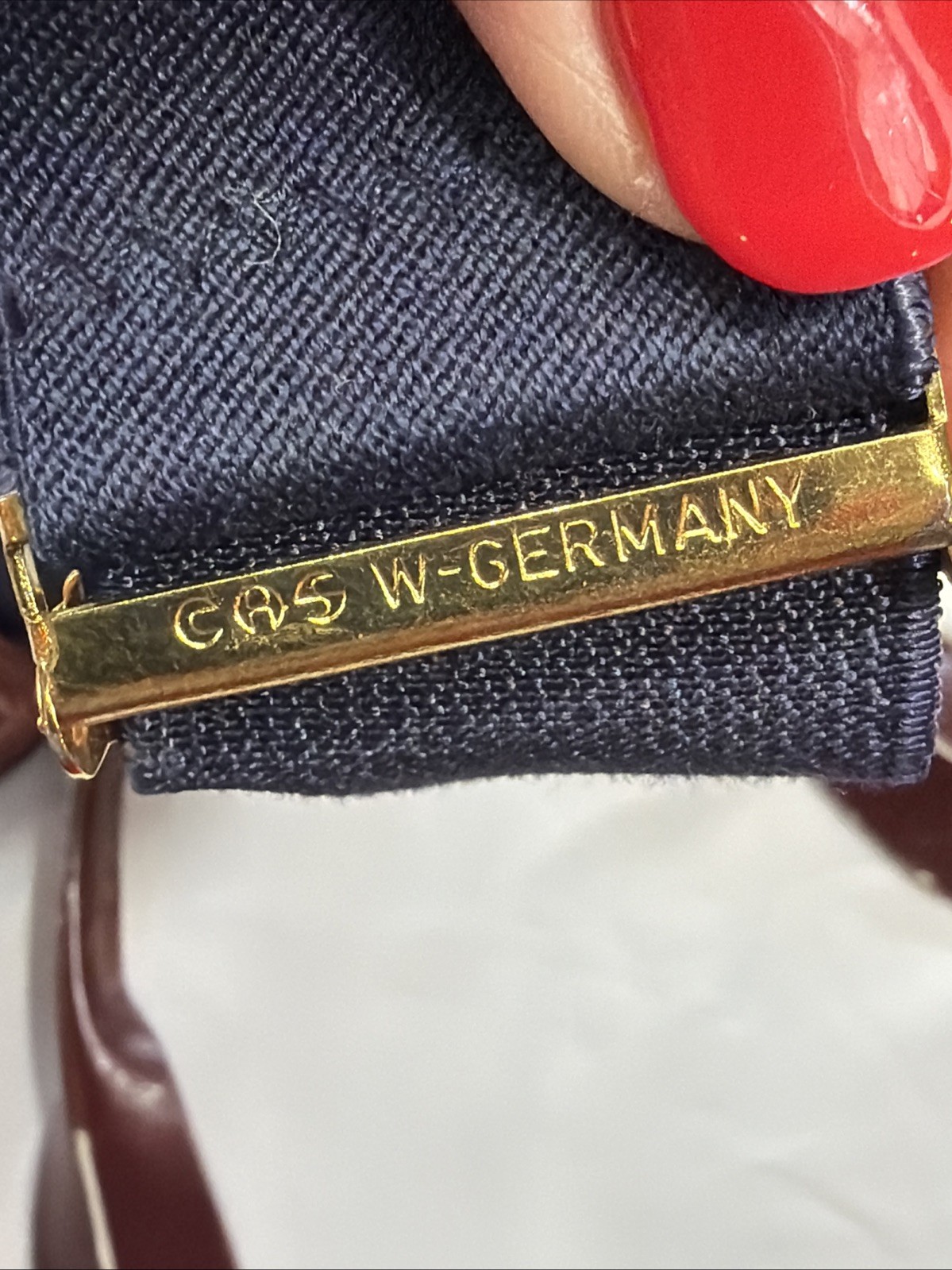 Vintage CAS W Germany BLUE Suspenders BROWN Leather Button Tab Braces Y strap OS