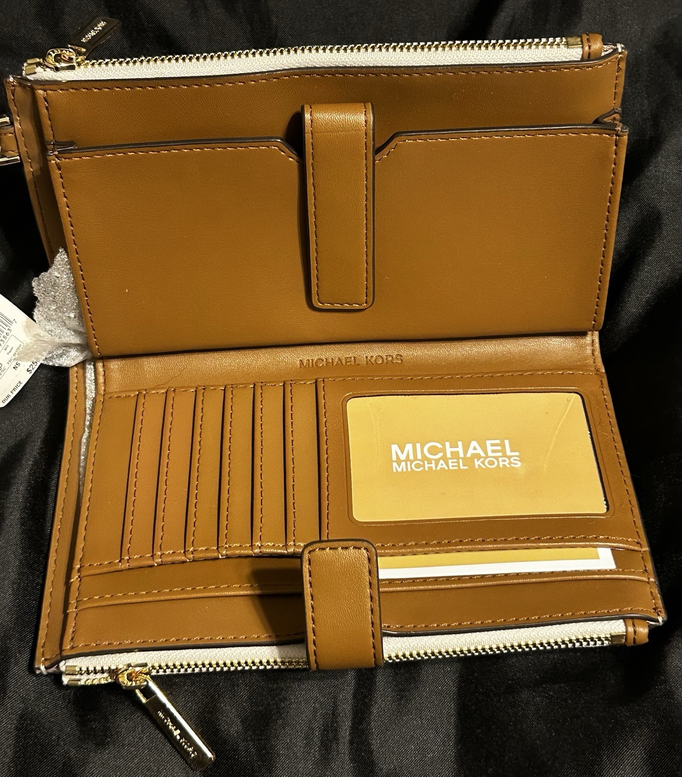 Michael Kors Signature Logo Zip Wristlet Wallet Beige Brown Wrist Strap