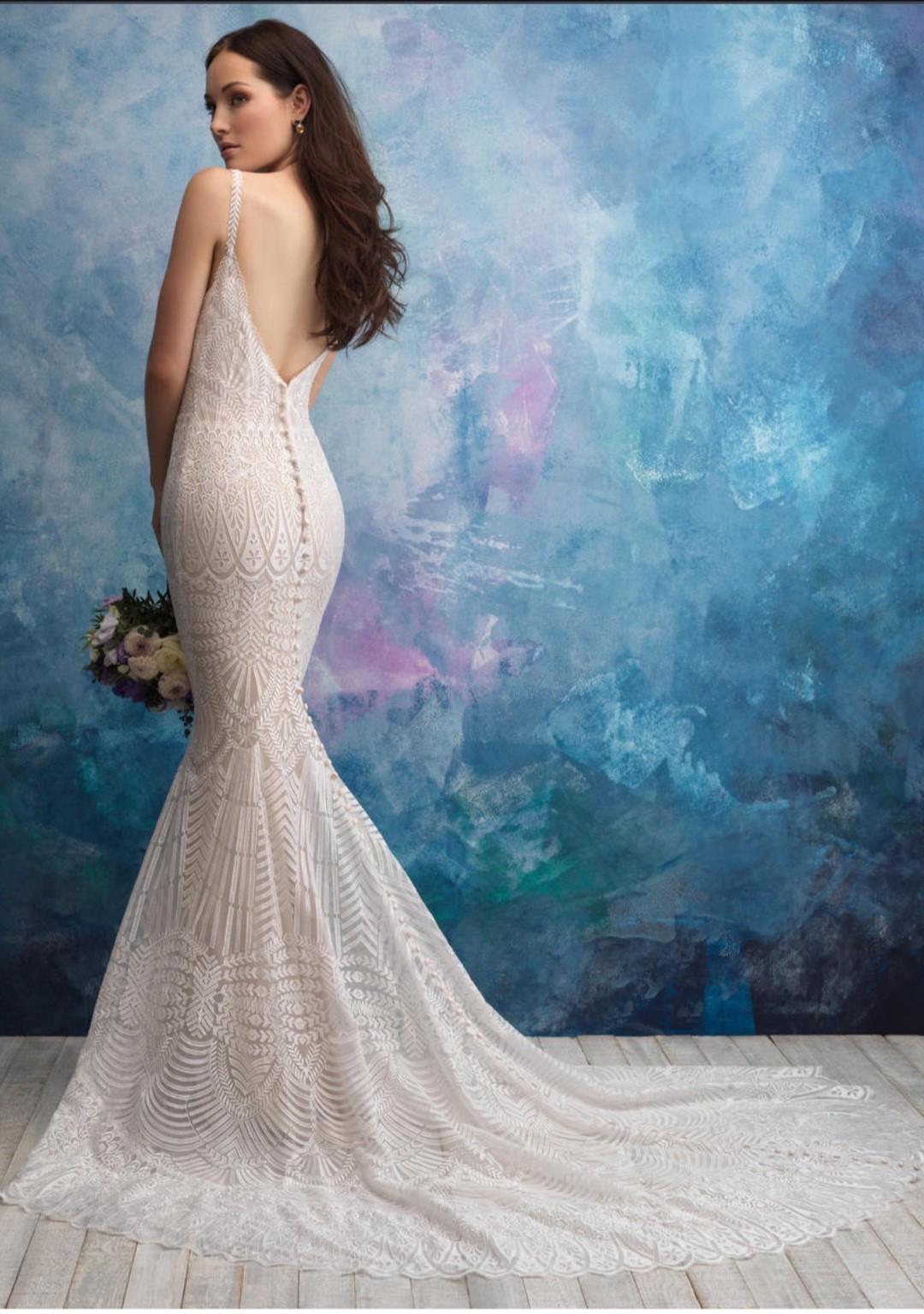 Allure Bridals Lace Mermaid Nude Ivory V Neck Straps Wedding Dress 10 AC9564