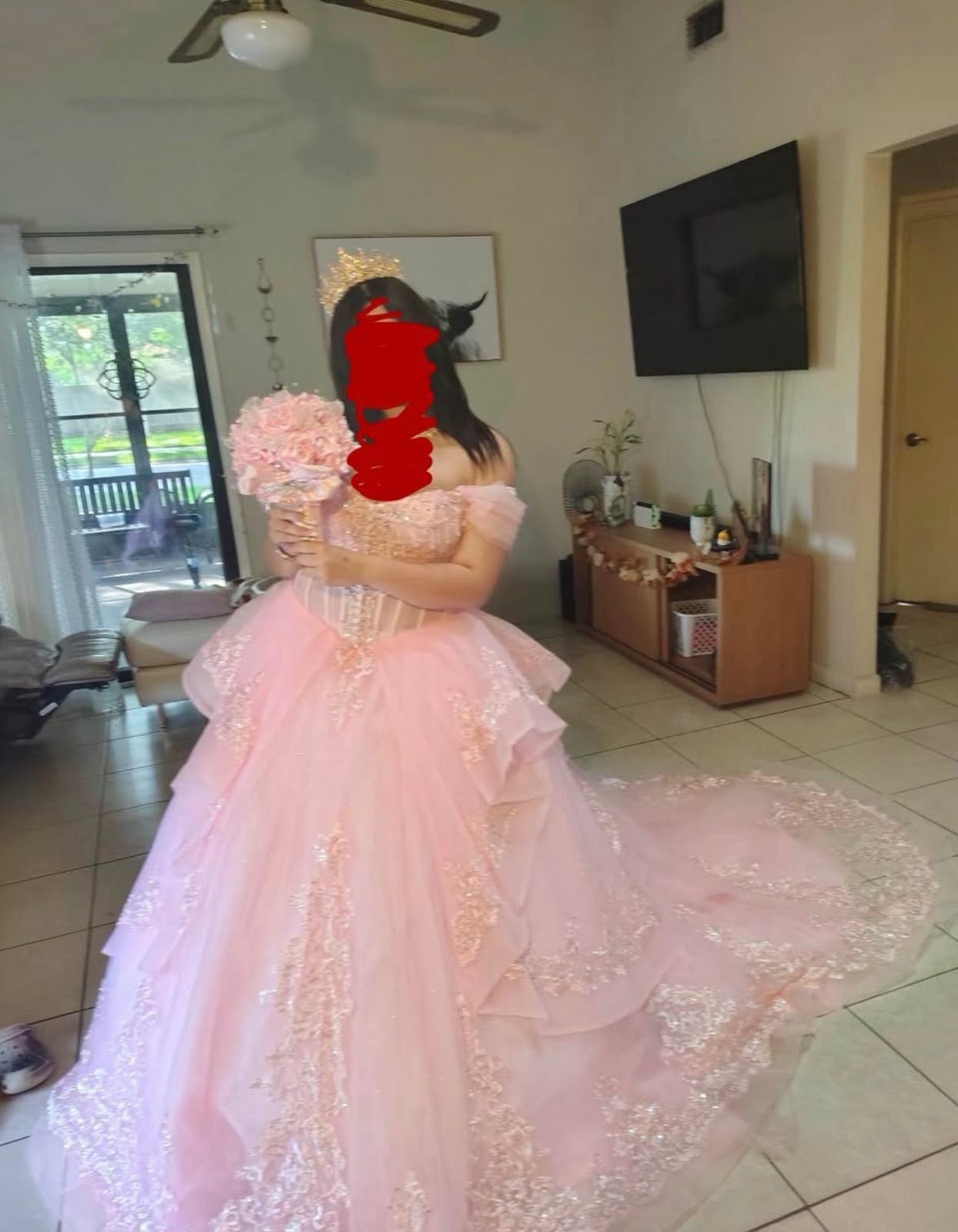 Pink quinceñera sweet 15 dress Off-Shoulder Corset Back Train Size 12