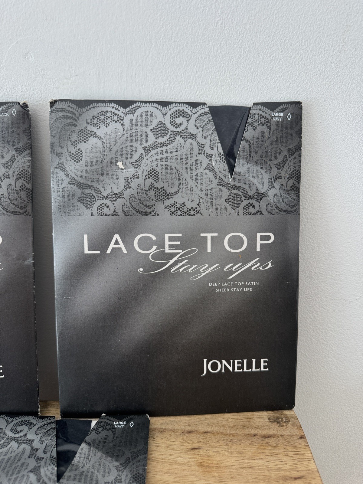 Jonelle Vintage Lace Top Stay Ups 15 Denier Black/Navy Large x3 Pairs Swiss Made