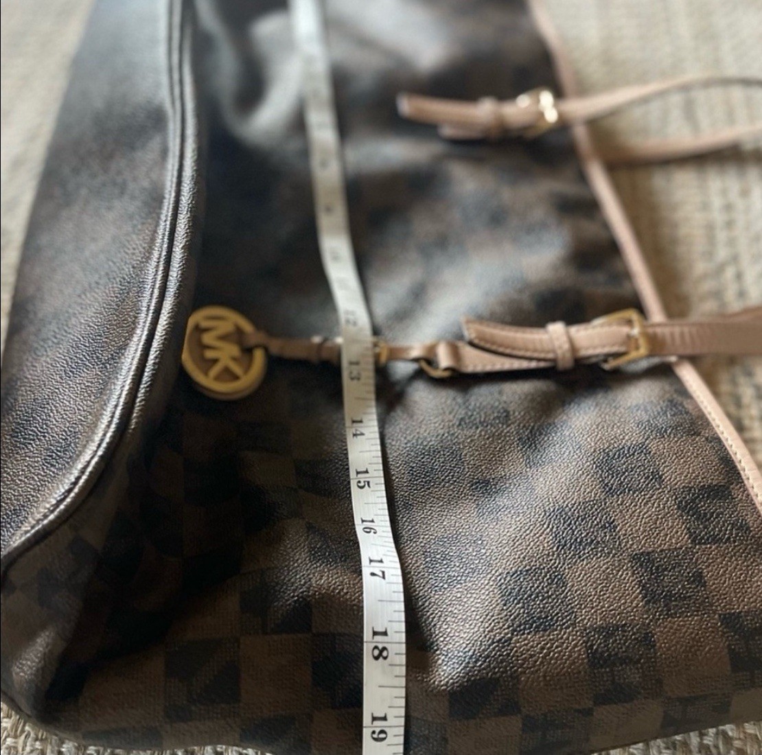 Michael Kors Brown Checkered Large Tote Double Handles MK Charm Gold Hardware