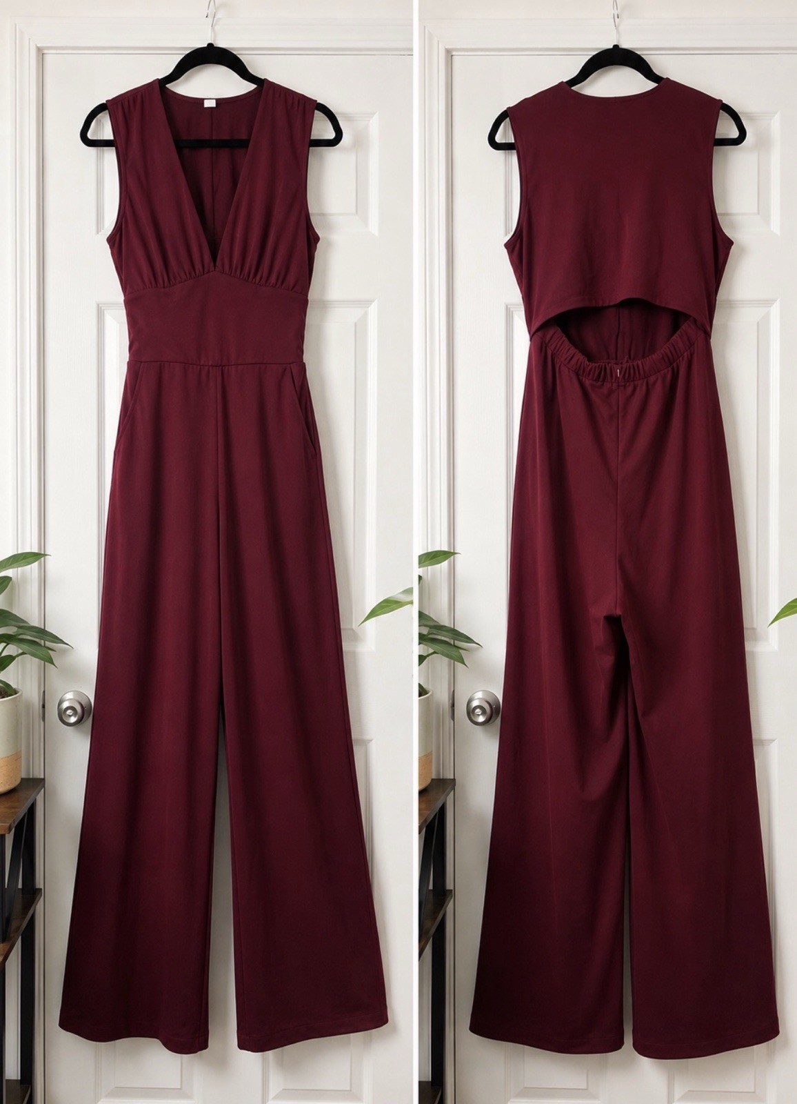 Halara Easy Peezy V-Neck Sleeveless Ruched Pocket Jumpsuit Wine XL