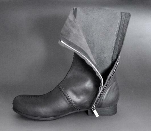 Men Real Leather Mid Calf Boots Shoes Round Toe Comfort Retro Handmade Stitching