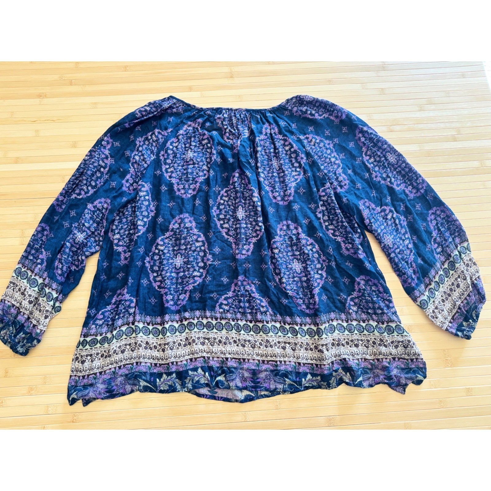 Lucky Brand Womens 2X Blue Purple Medallion Print Peasant Blouse Boho Tie Neck