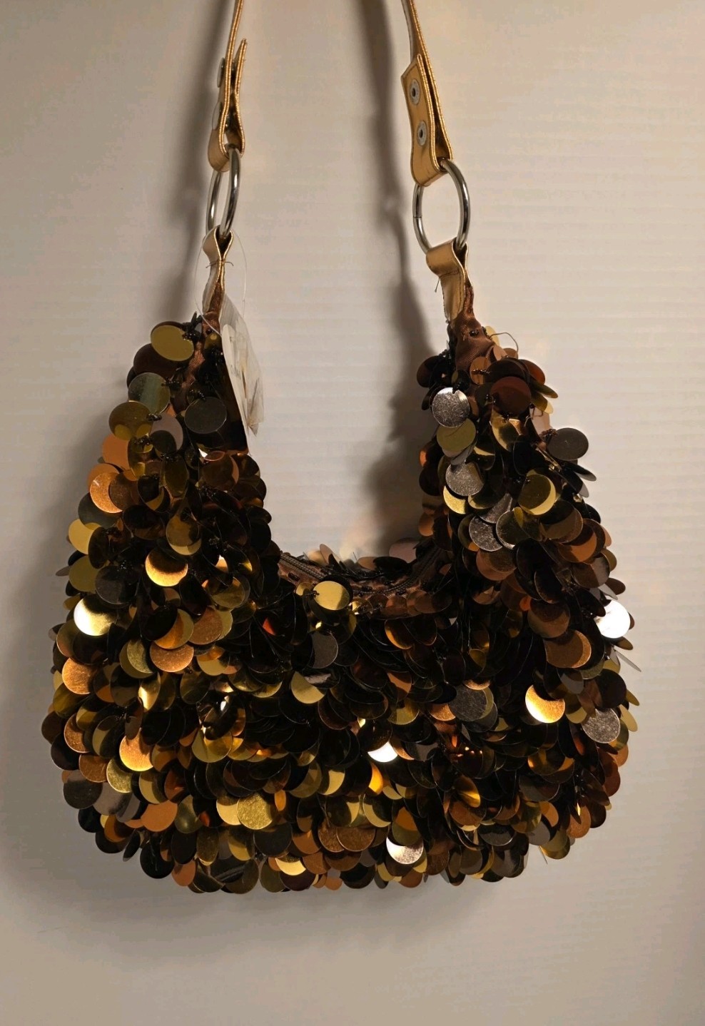 Womens Gold Brown Sequin Shoulder Bag Beige Faux Leather Strap Zip Crescent