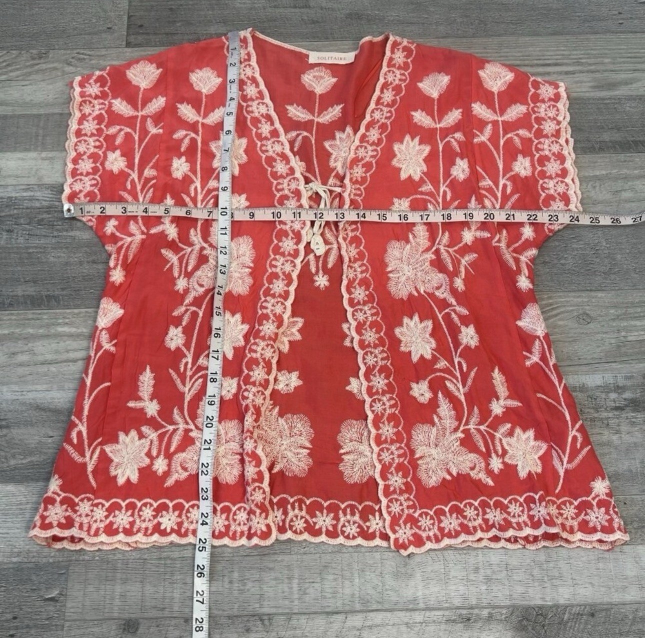 Solitaire Coral Heavily Embroidered Open Front Short Sleeve Kimono M29