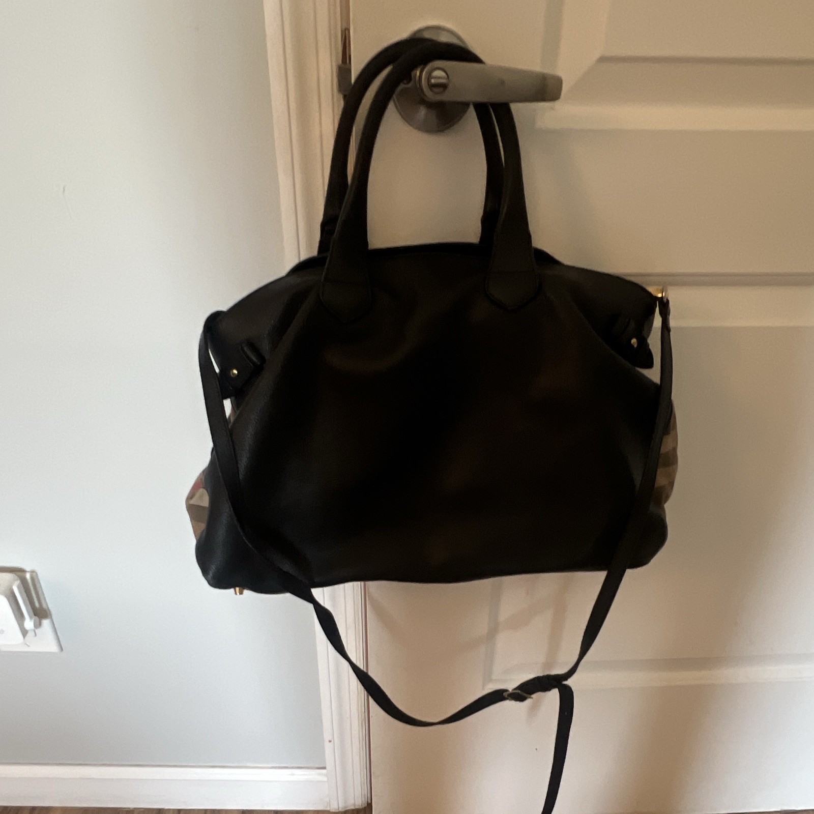 Burberry Black Large Satchel Top Handle Zip, Detachable Crossbody, Check