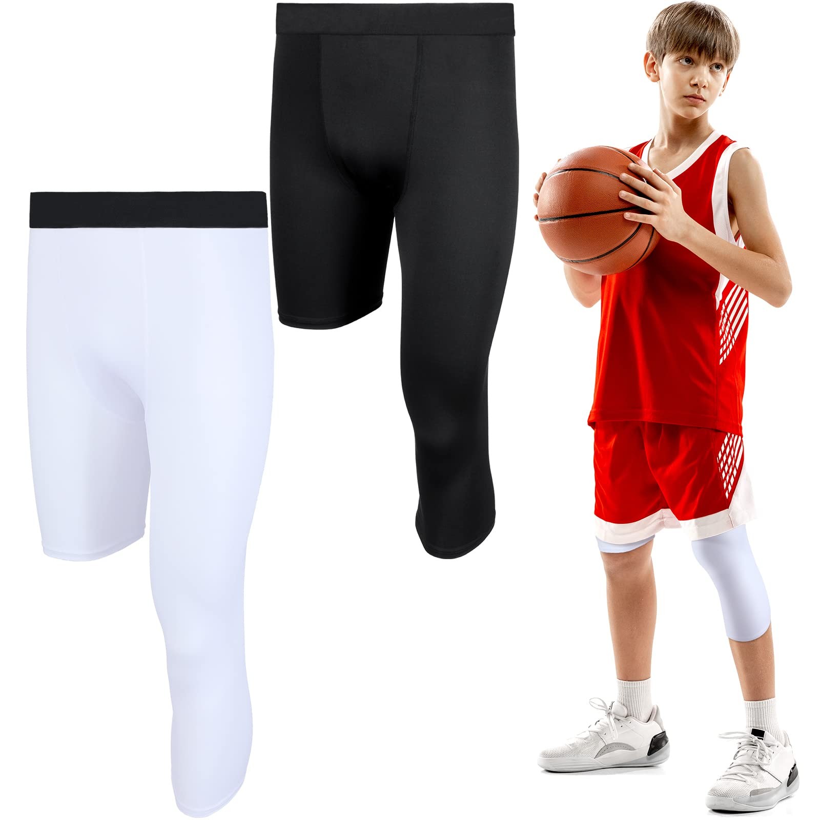 Hercicy 2 Packs Boys’ Youth 3/4 One Leg Medium, Black+white( Right Short)