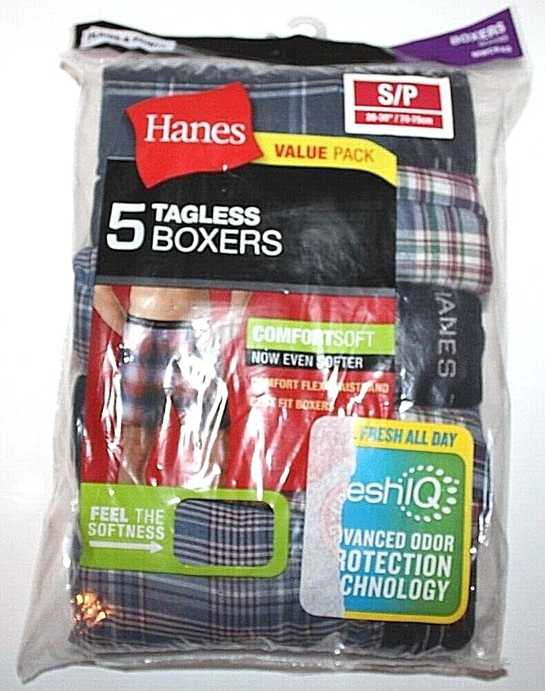 Hanes Men’s 5-Pack Assorted Plaids & Prints Tagless Boxers – Small (28-30″)